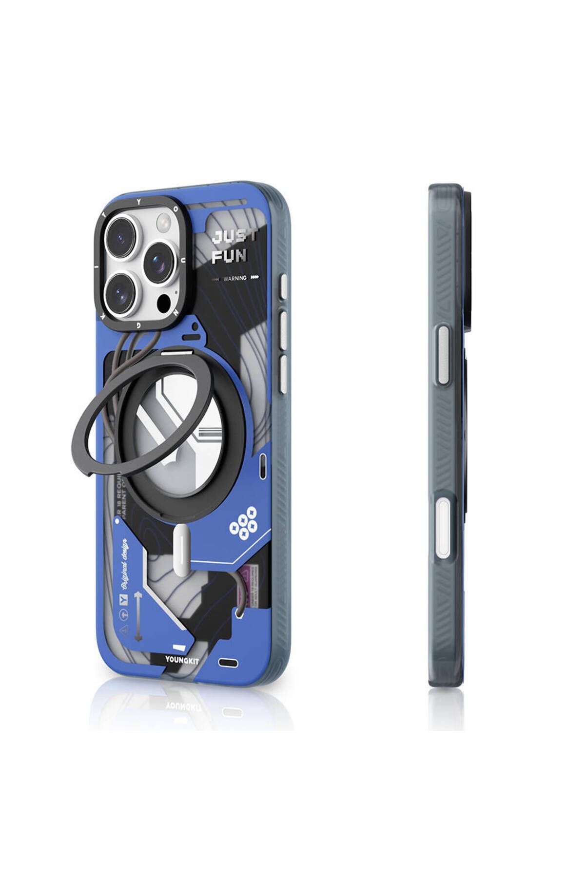 iPhone 16 Pro Max Youngkit Magsafe Uyumlu 360° Standlı Starship Serisi Mavi Kılıf