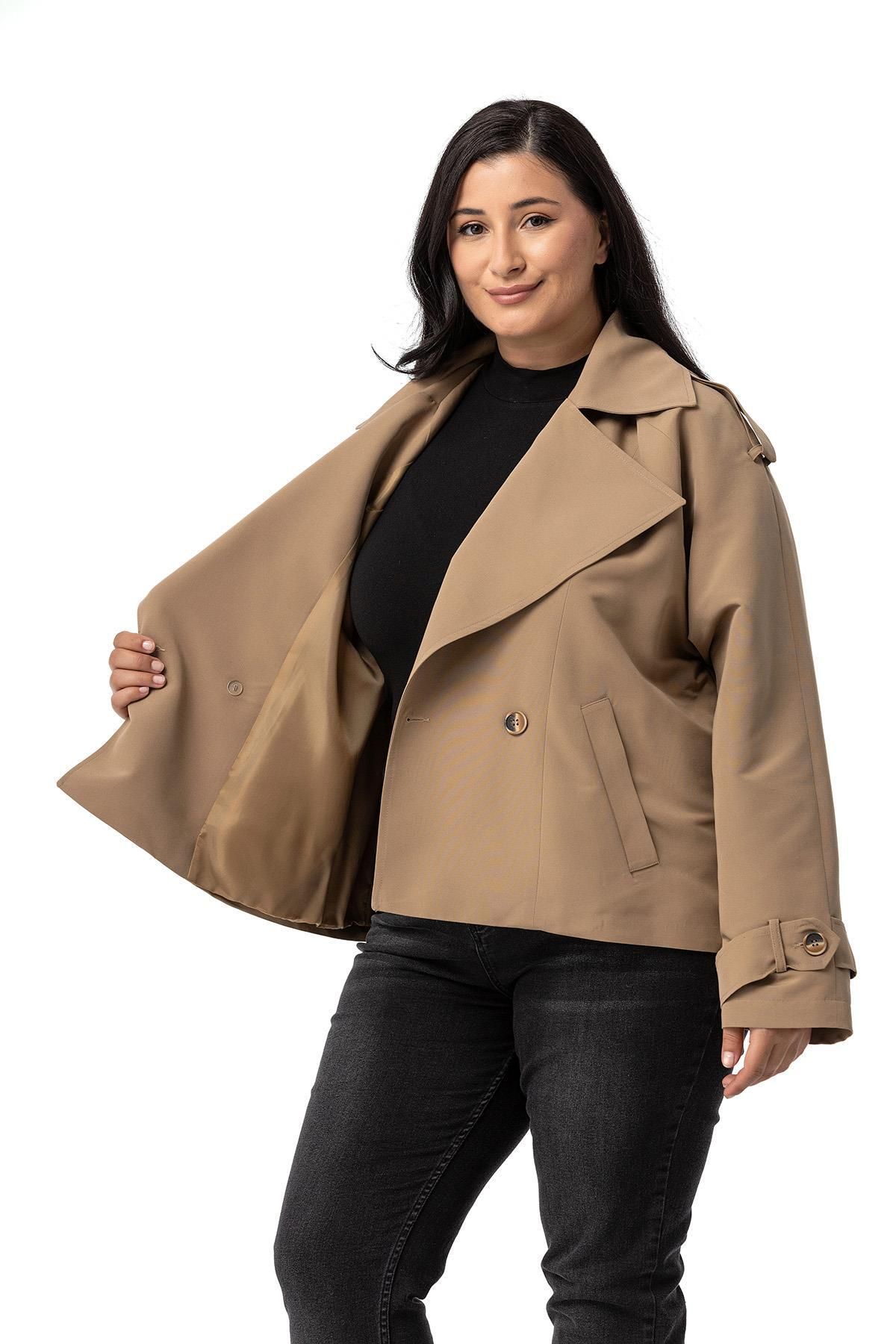 DISENTIS MODEST-Large Size Mink Short Trench Coat - Mono Collar, Epaulettes Pockets, Lined Oversize 4
