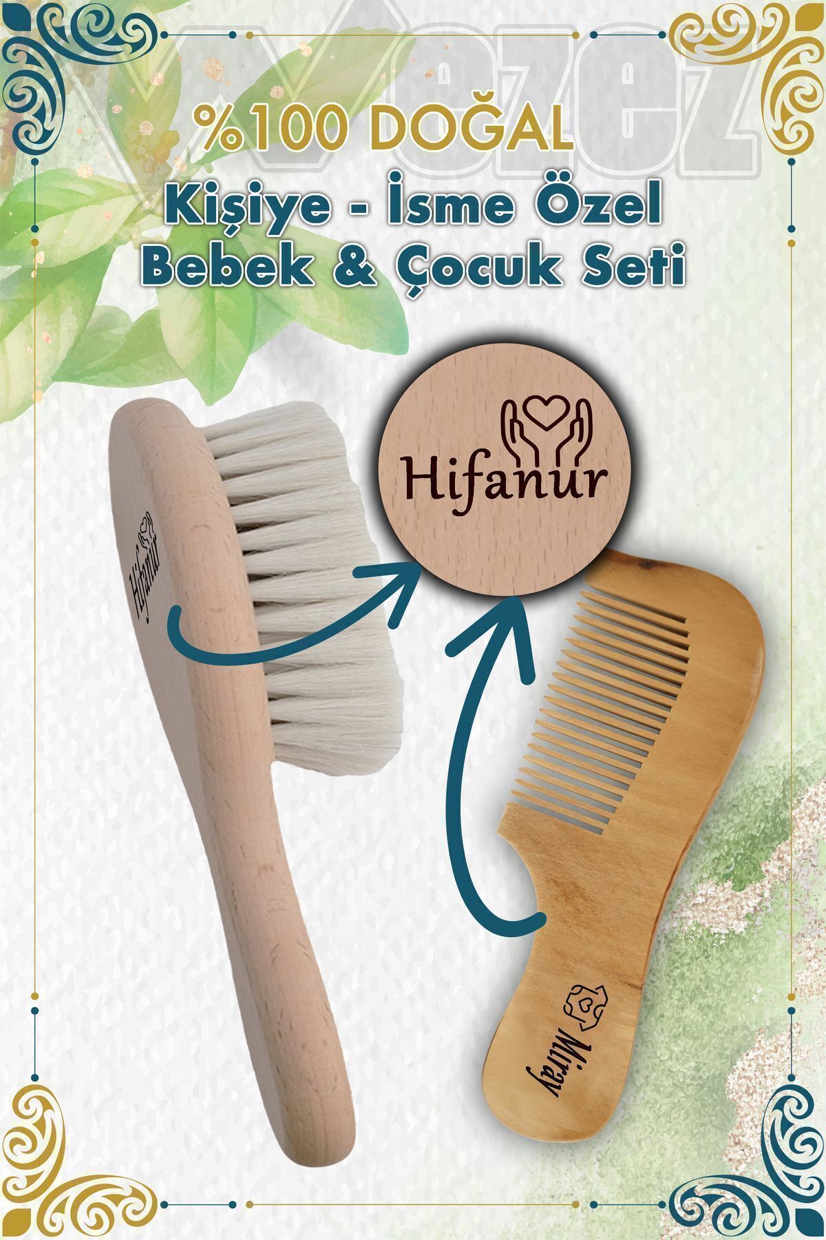 İsimli & Emojili Keçi Kılı Bebek Saç Fırçası Ve Ahşap Tarak 2'li Bakım Seti (SAKLAMA KESESİ HEDİYE)