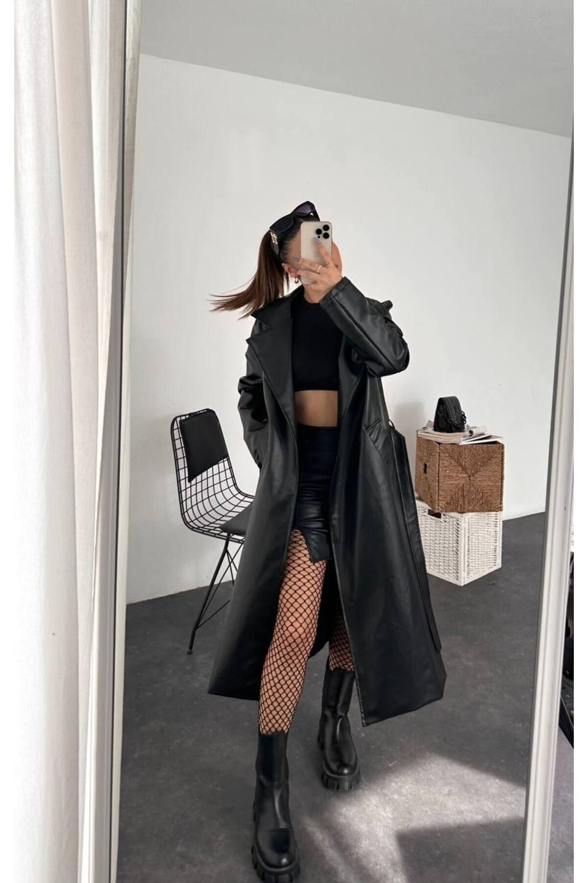 HOZGİYİM-Langer Trenchcoat aus Kunstleder für Damen – mit Gürtel 1