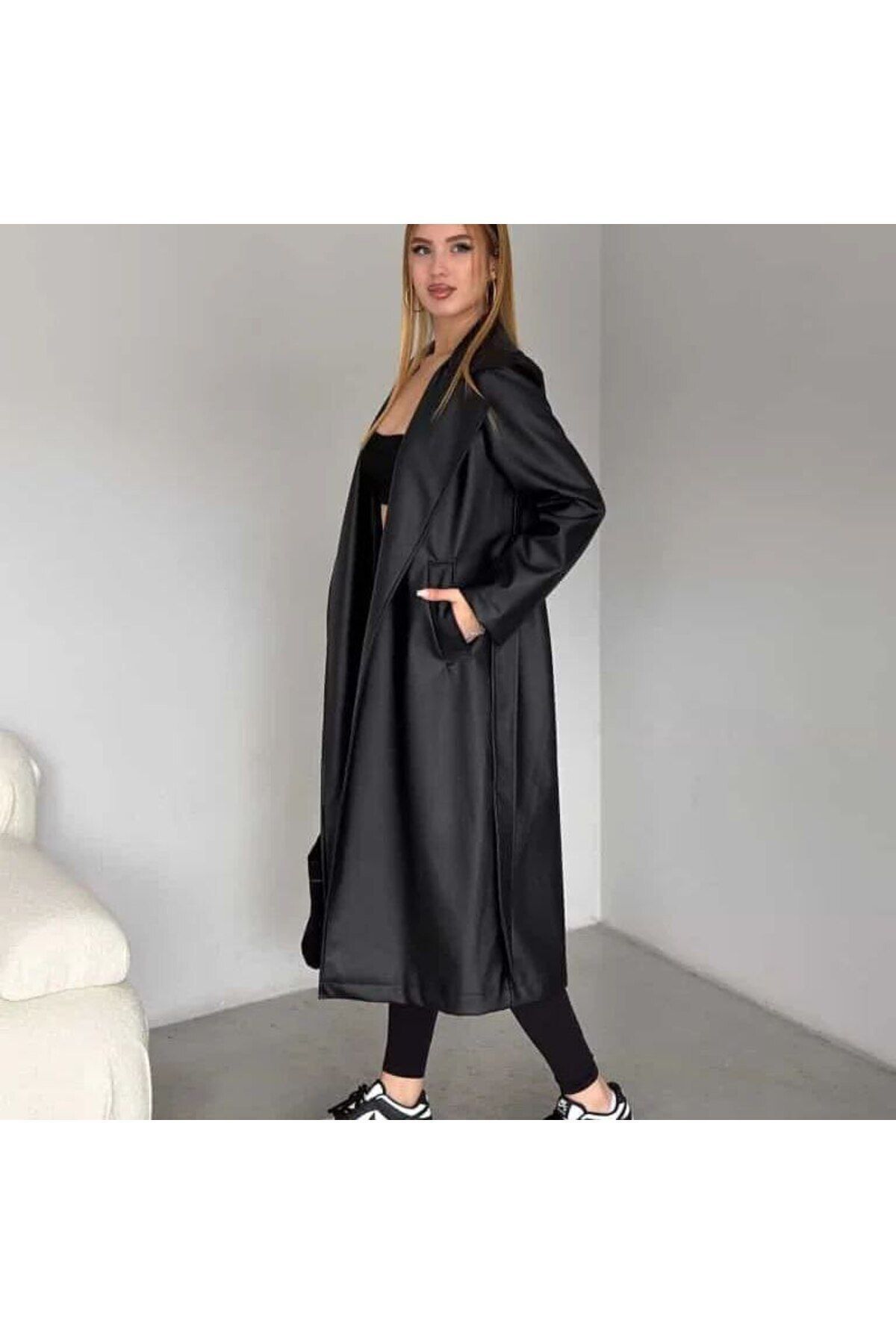 HOZGİYİM-Langer Trenchcoat aus Kunstleder für Damen – mit Gürtel 4