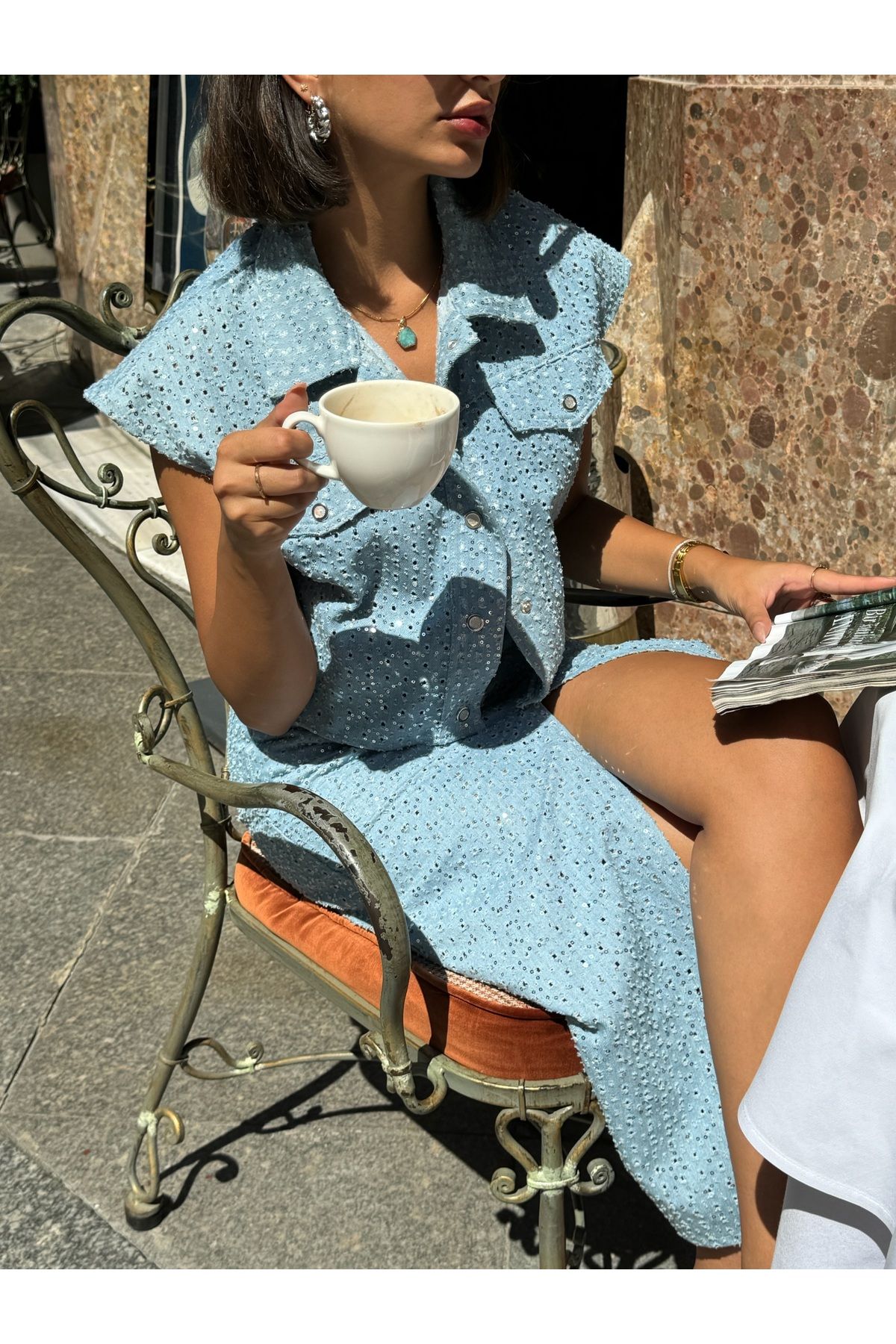 Miss Allos Women's Double Pocket Sequined Denim Jacket and Slit Knee