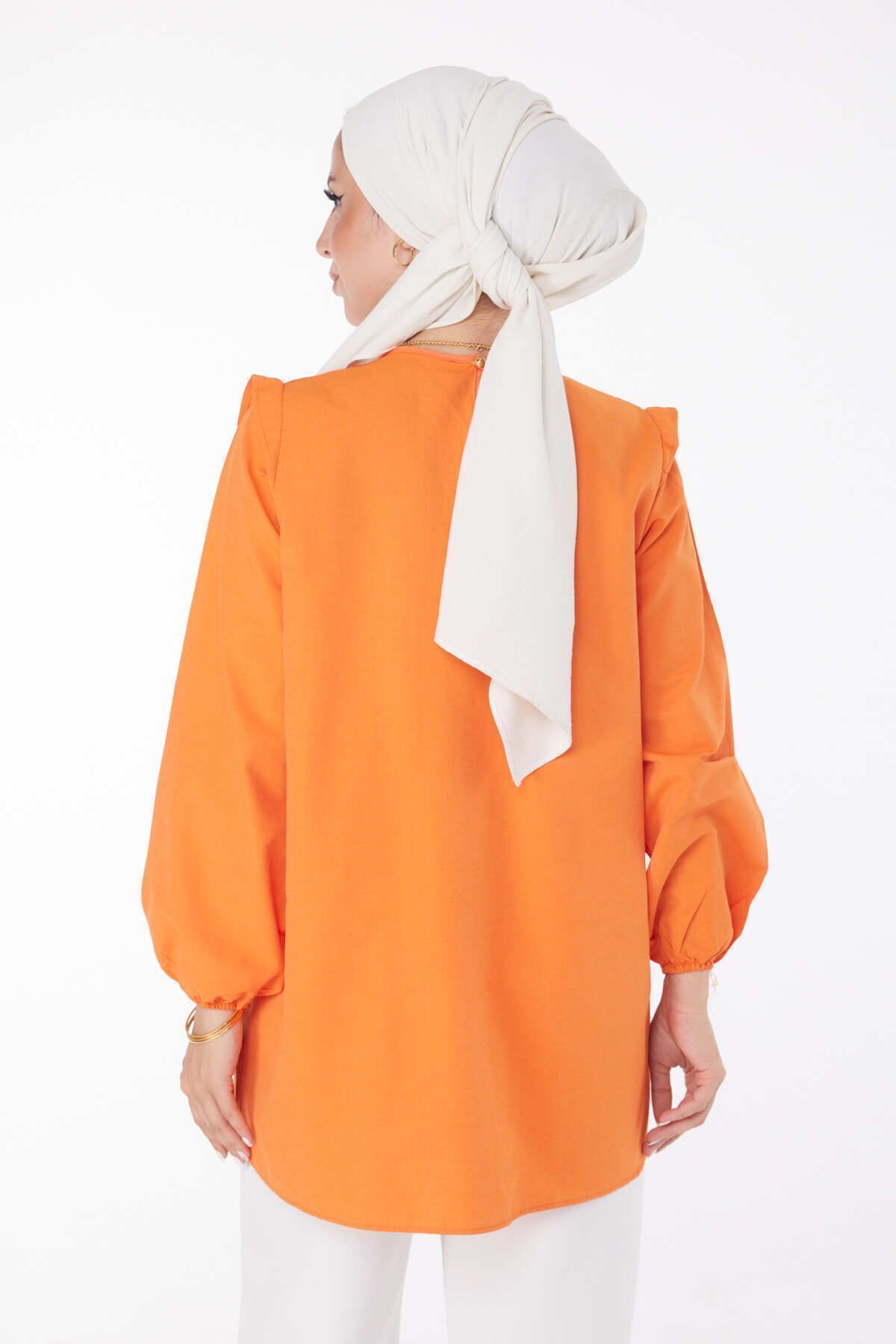TOFİSA-Orange Ruffle Detailed Plain Crew Neck Women's Tunic - 13142 4