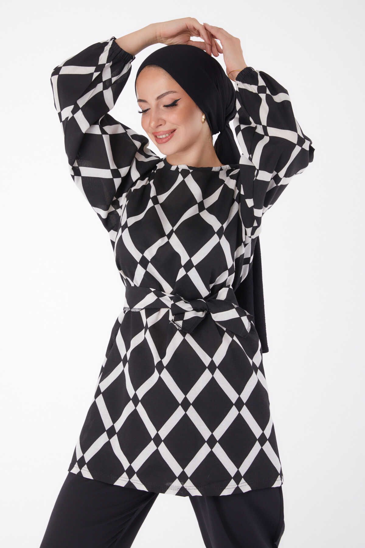 TOFİSA-Ecru Patterned Women's Double Suit - Plain Crew Neck - 13245 1
