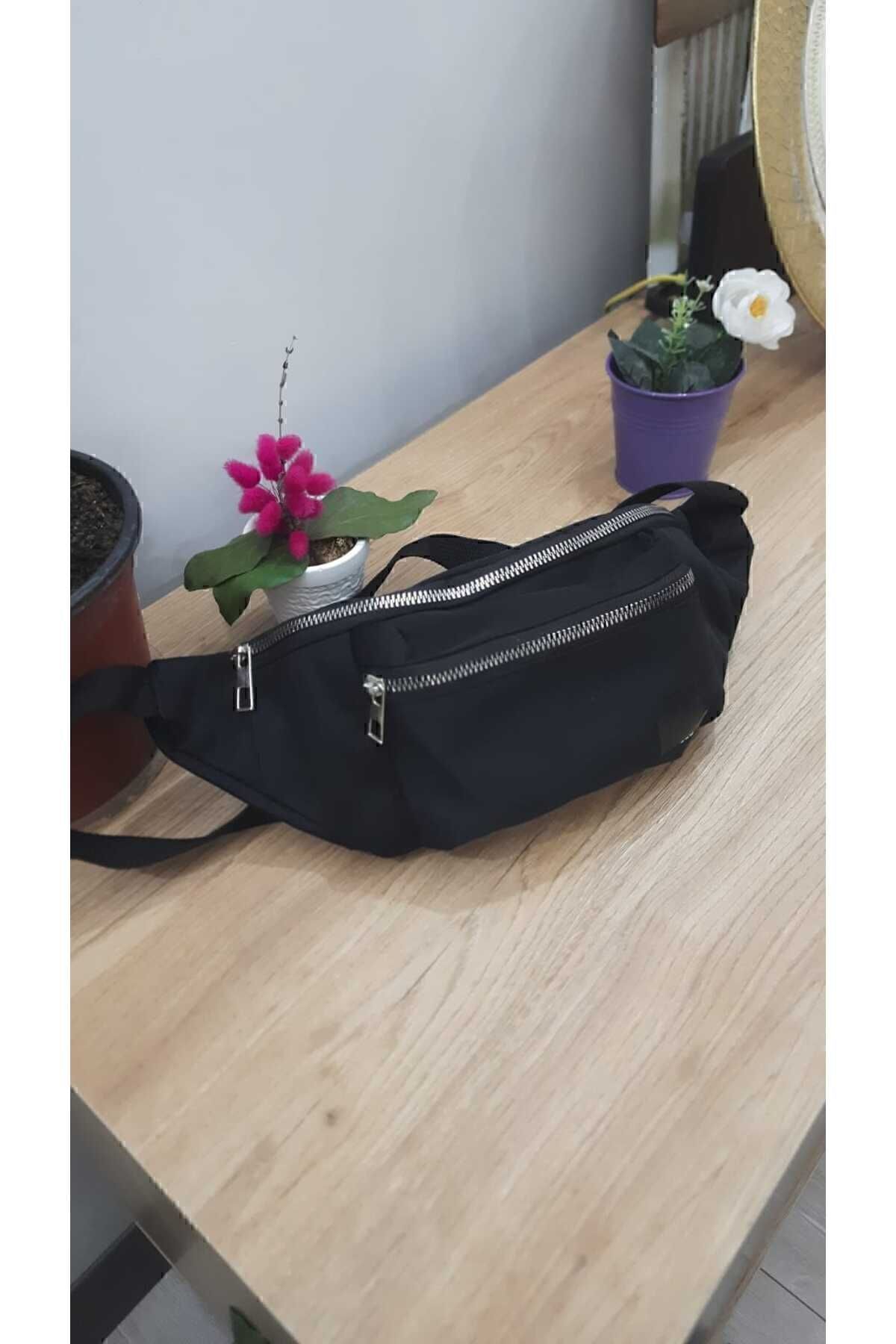 Unisex Siyah Iki Bölmeli Omuz Ve Bel Çantası