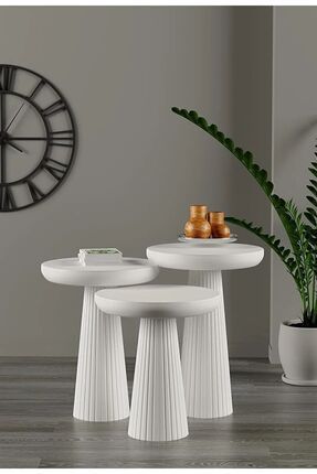 Simillo Home&Living Wood Ahşap Beyaz 3’lü Set Mantar Yan Sehpa Fiskos / Woode...