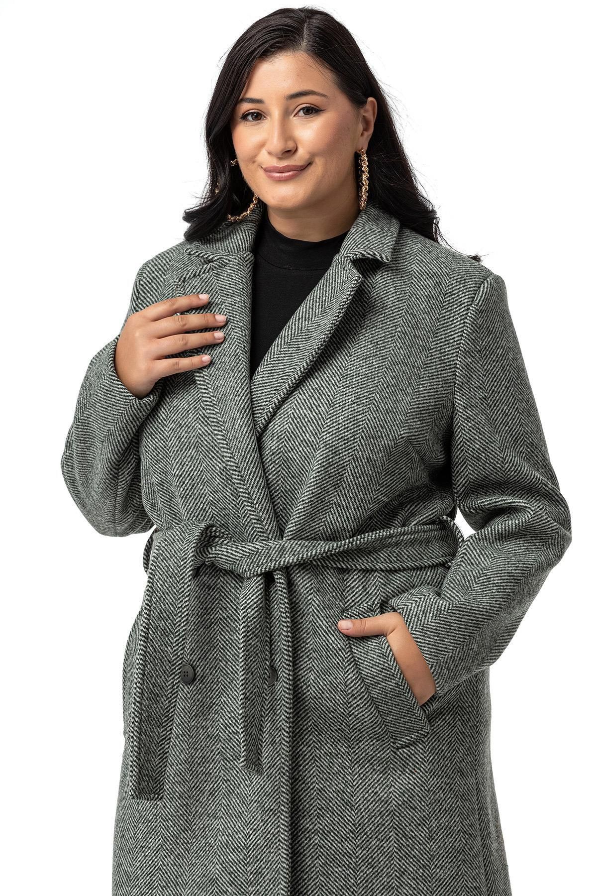 DISENTIS MODEST-Long Green Coat - Plus Size, Buttoned and Belted, Deep Slit and Herringbone Lining 4