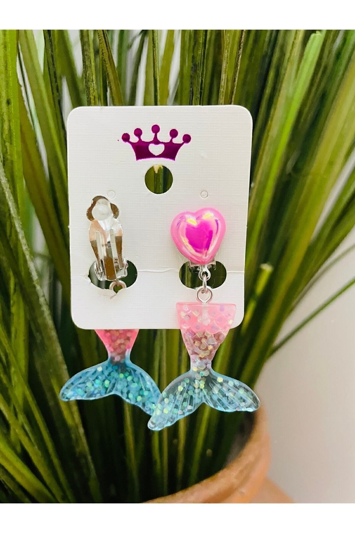 1PARÇAMAVİ-Blue Pink Heart Mermaid Tail Mermarid Clip Children's Earrings - Non-Perforated Ear Earrings 3