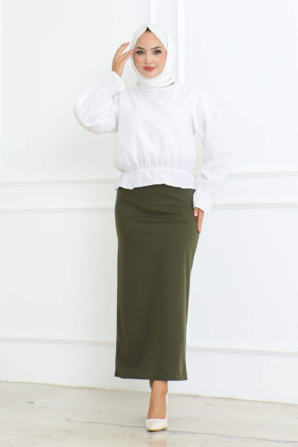 Eliva Khaki Women s Pencil Skirt Hijab Fabric with Elastic Waist Trendyol