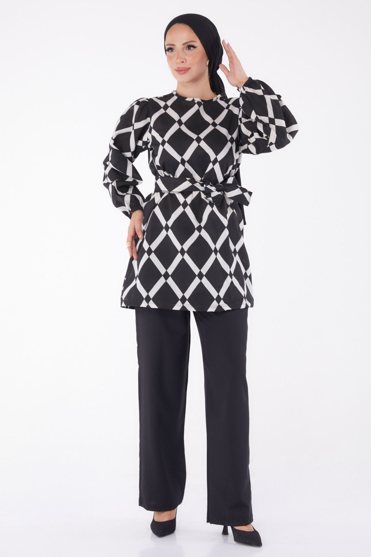 TOFİSA-Ecru Patterned Women's Double Suit - Plain Crew Neck - 13245 2