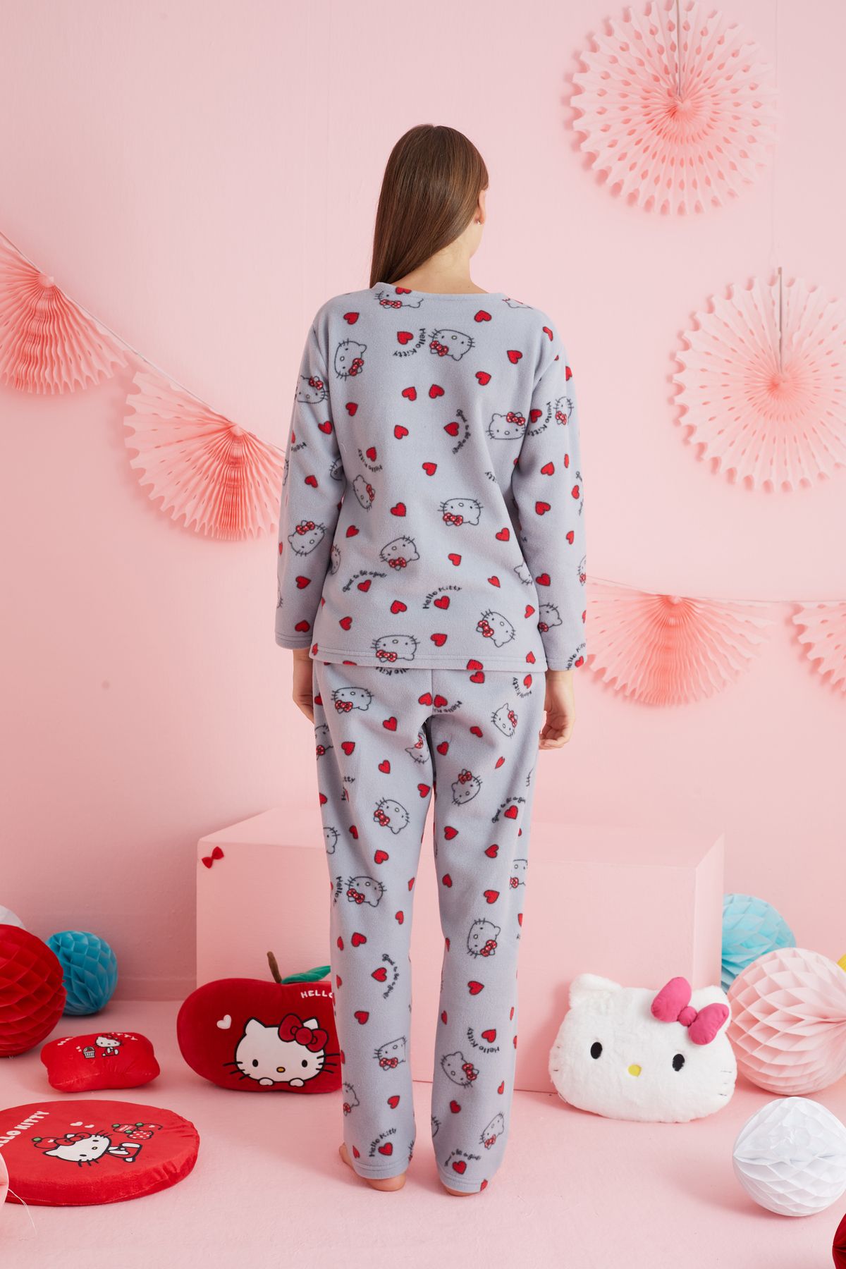 Siyah İnci Hello Kitty Lisanslı Polar Gri Çok Renkli Bisklet Yaka Pijama Takım HK316 görsel 4
