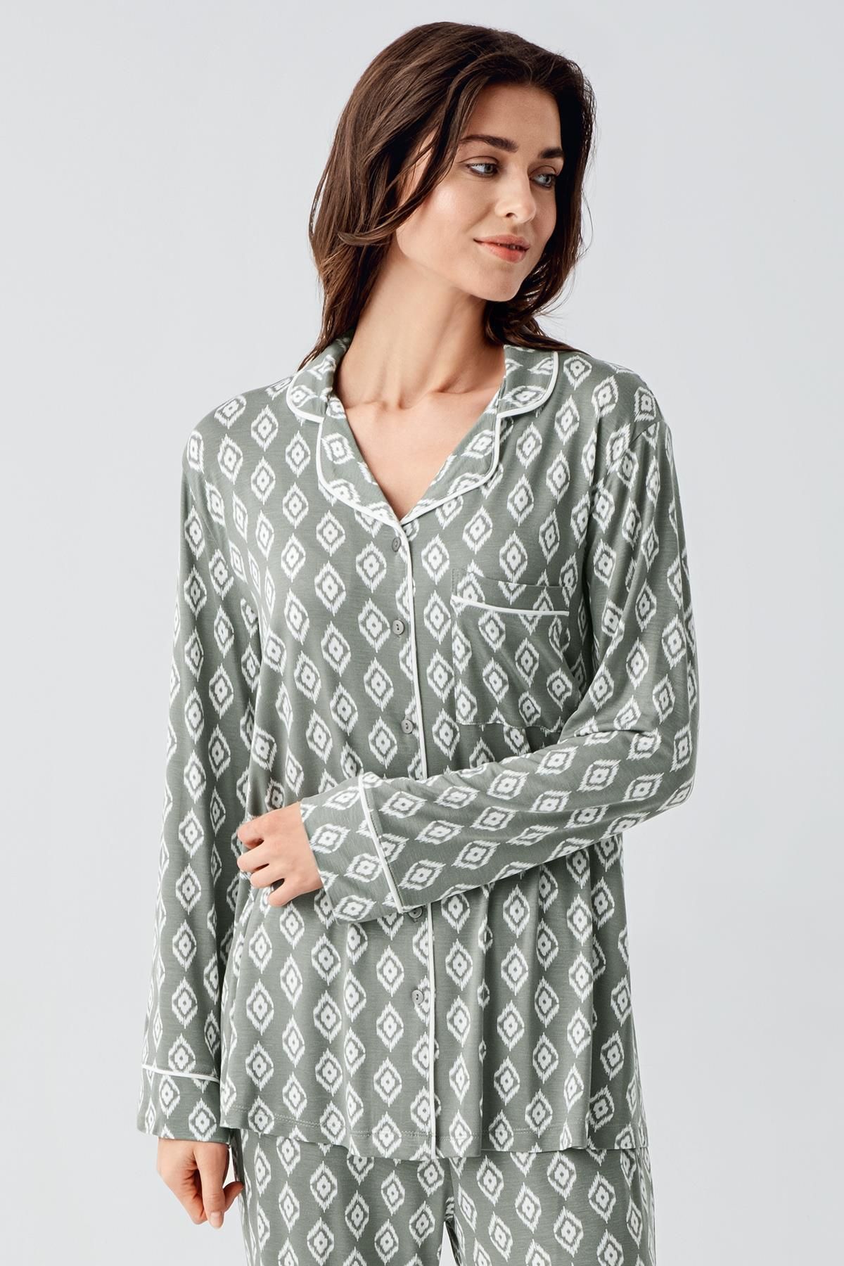 Artış-Flexible Lycra Viscous Pajama Set - Long Sleeve and Buttoned 3