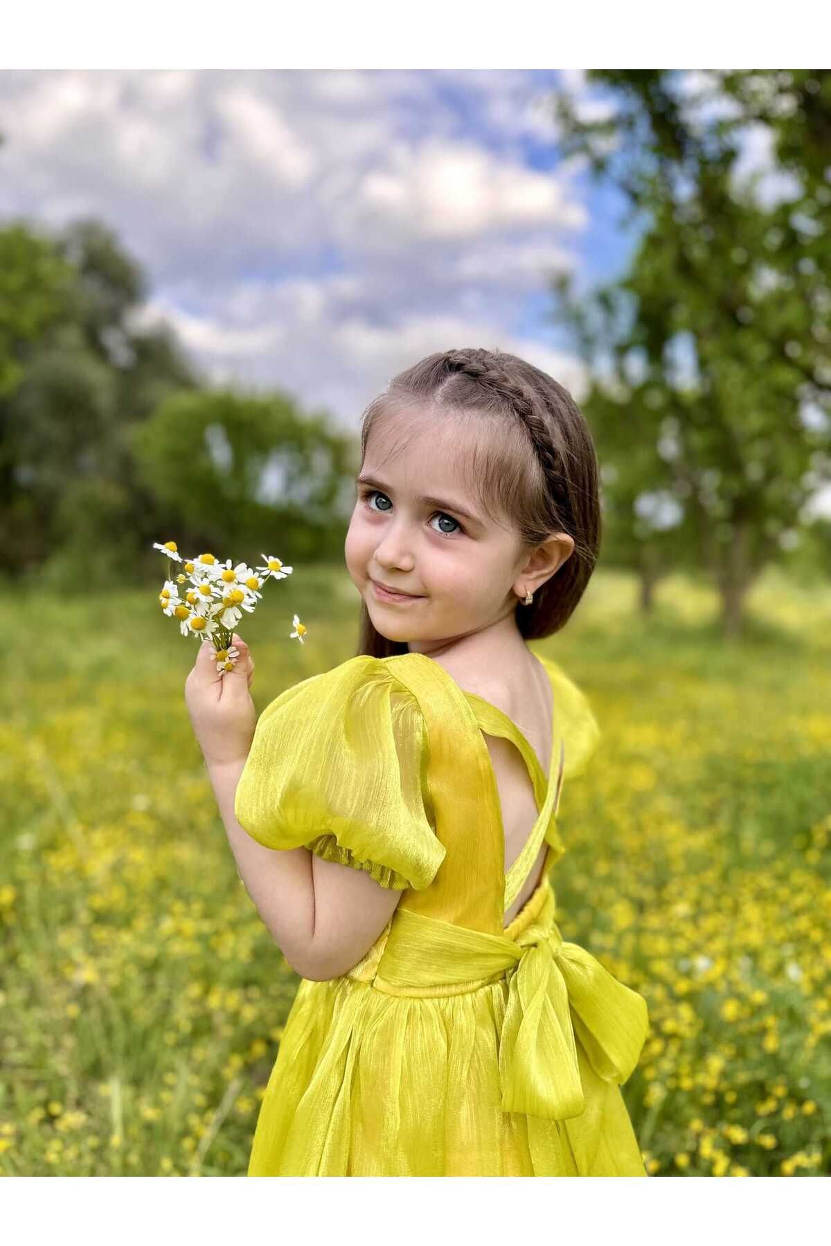 TRACCİA-Yellow Janjan Organza Cross Dress for Girl 5