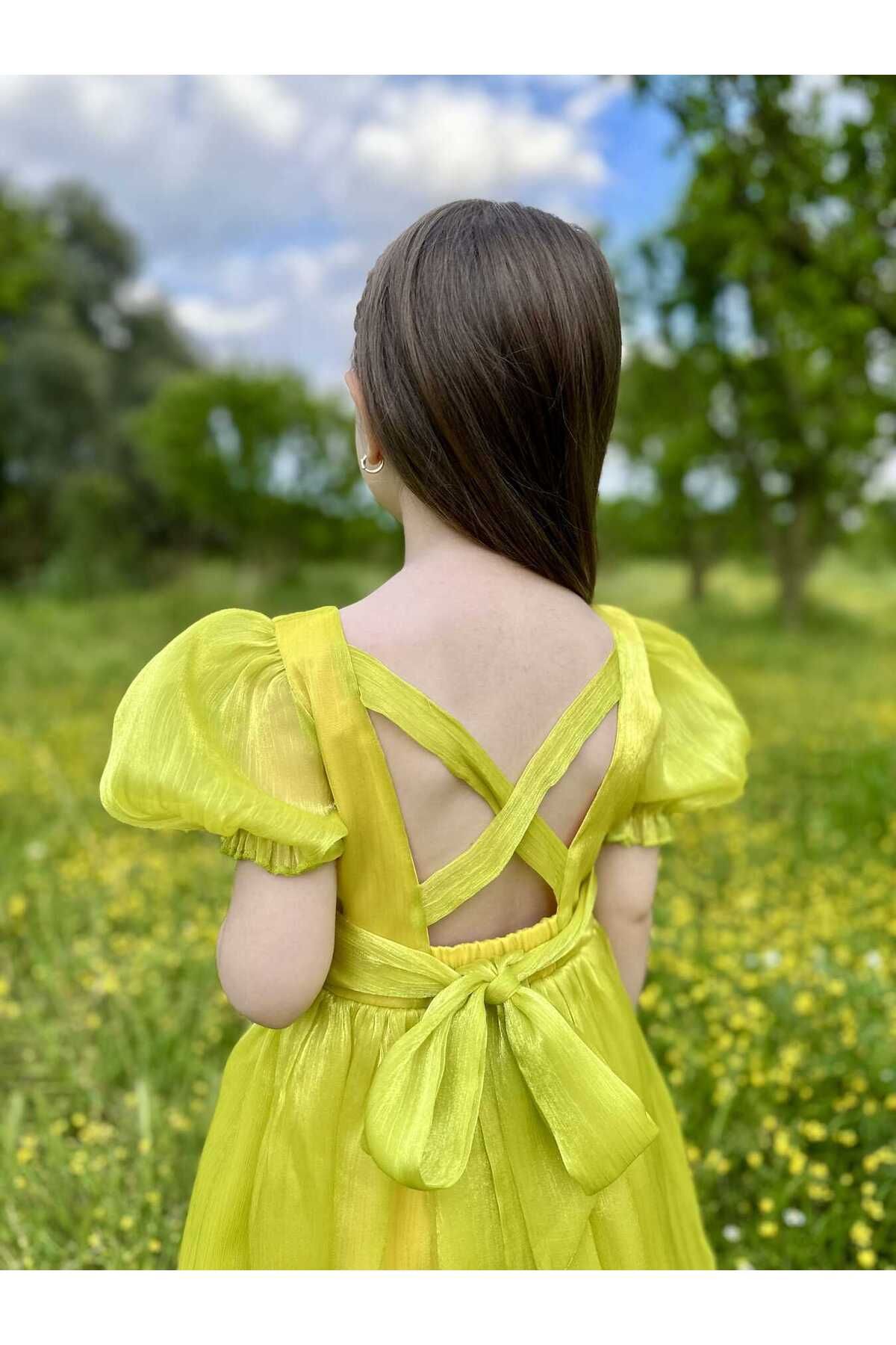 TRACCİA-Yellow Janjan Organza Cross Dress for Girl 4