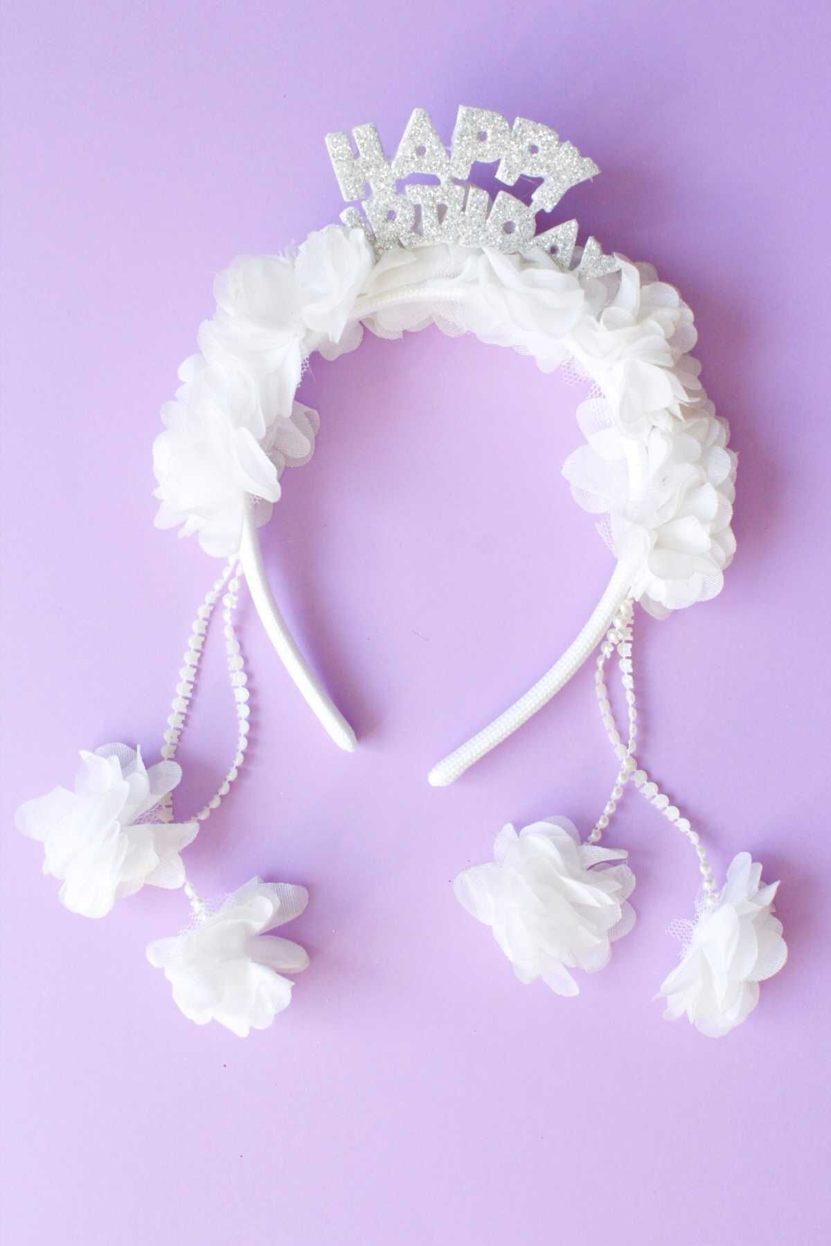 Little Honey Bunnies-White Tulle Floral Happy Birthday Written Dangle Crown 1