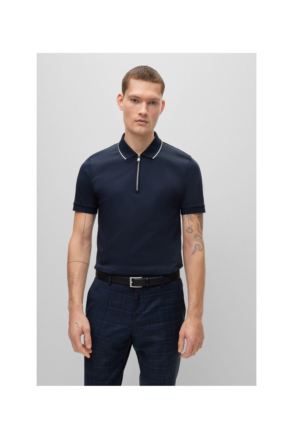 تی شرت یقه پولو آبی مردانه پنبه interlok ، زیپ برش باریک چوگان t shirt BOSS
