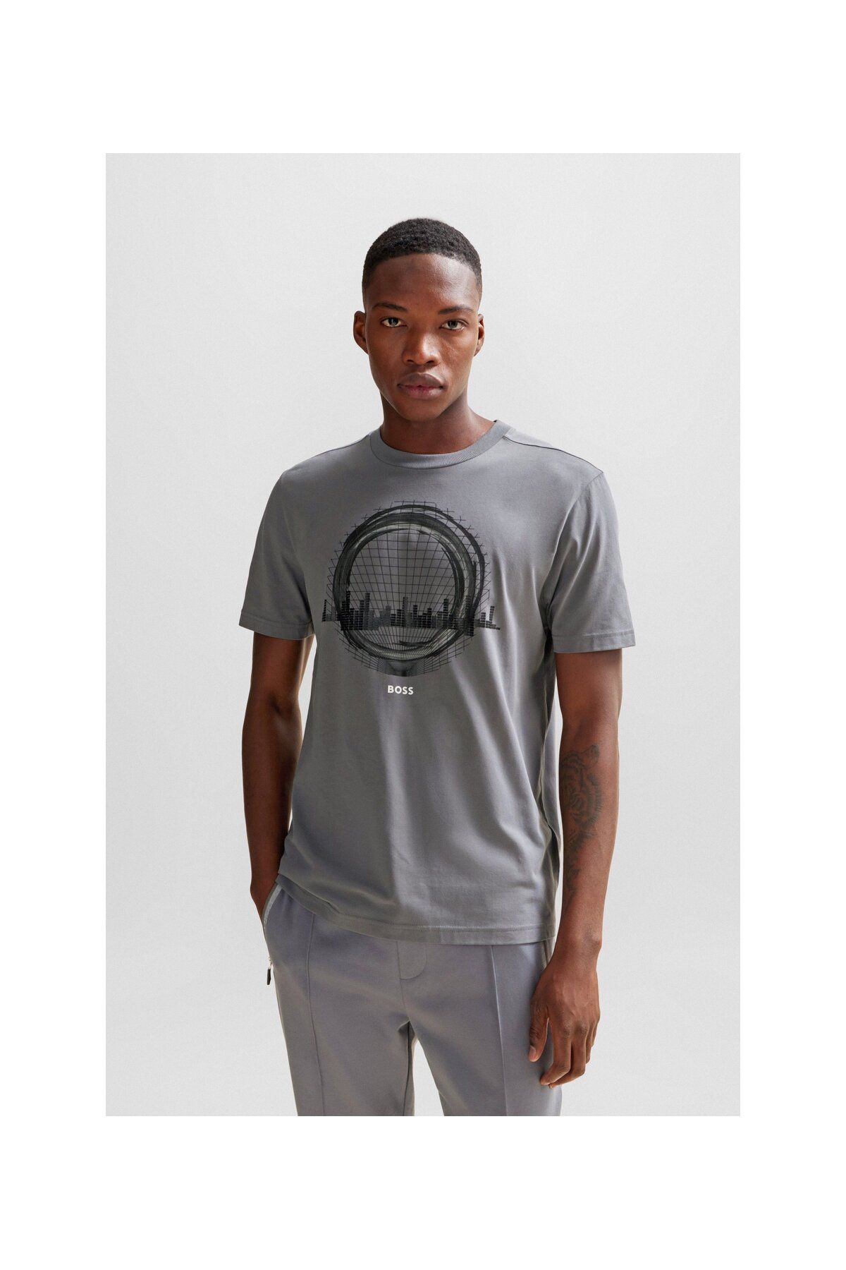 تی شرت خاکستری مردانه پنبه انعطاف پذیر الگوی فصلی برش طبیعی t shirt BOSS
