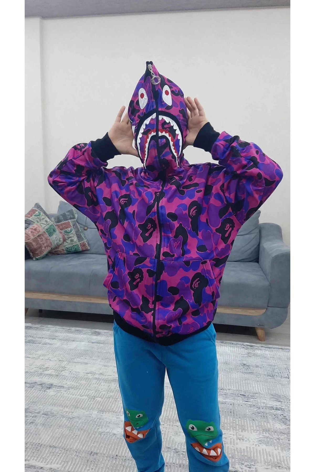 MUKADMA Purple Unisex Pubg Bape x Shark Hoodie Trendyol