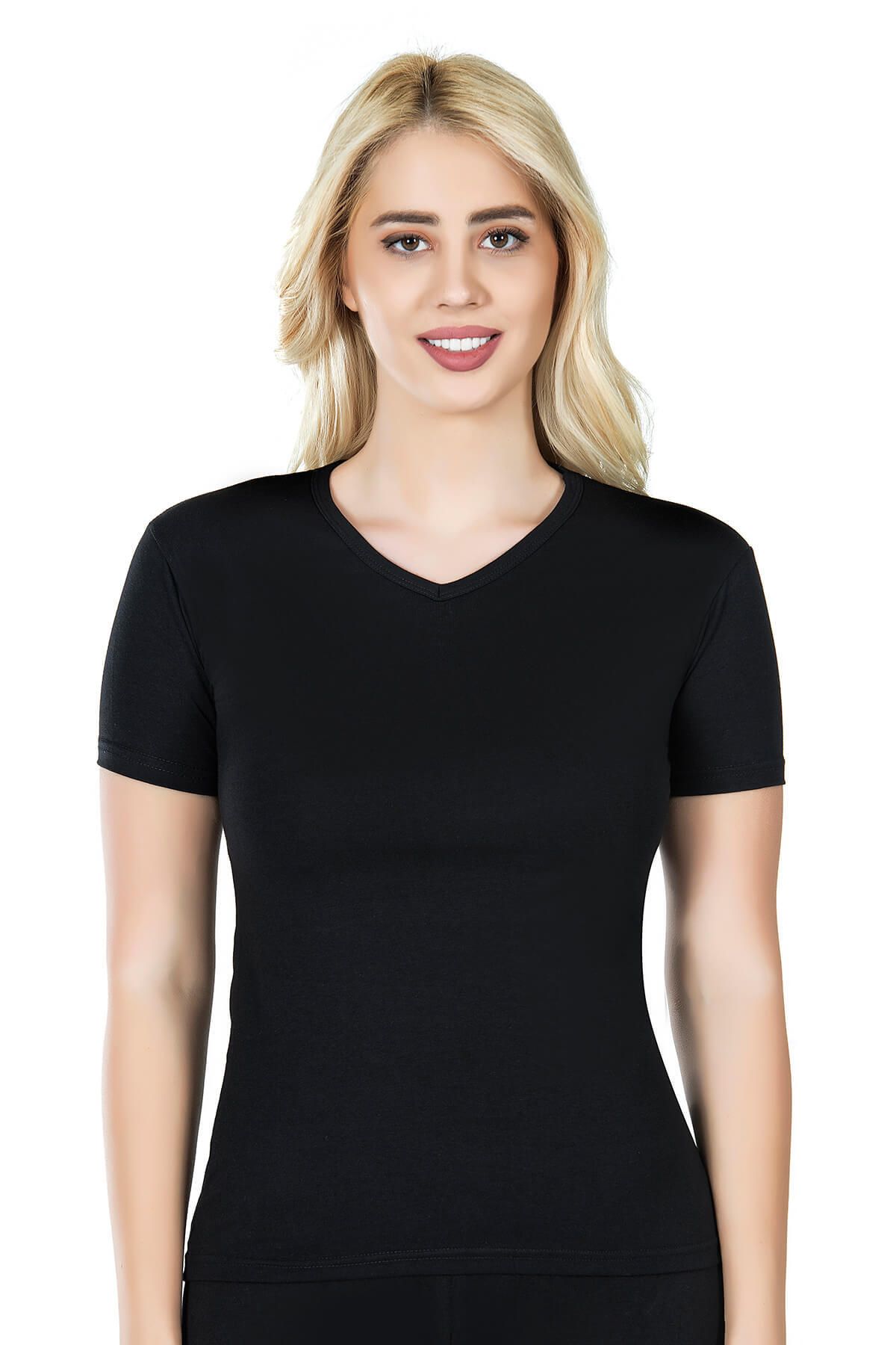 ASFSTORE Derya Kurşun Yarım Kol V Yaka Kadın Tişört 227