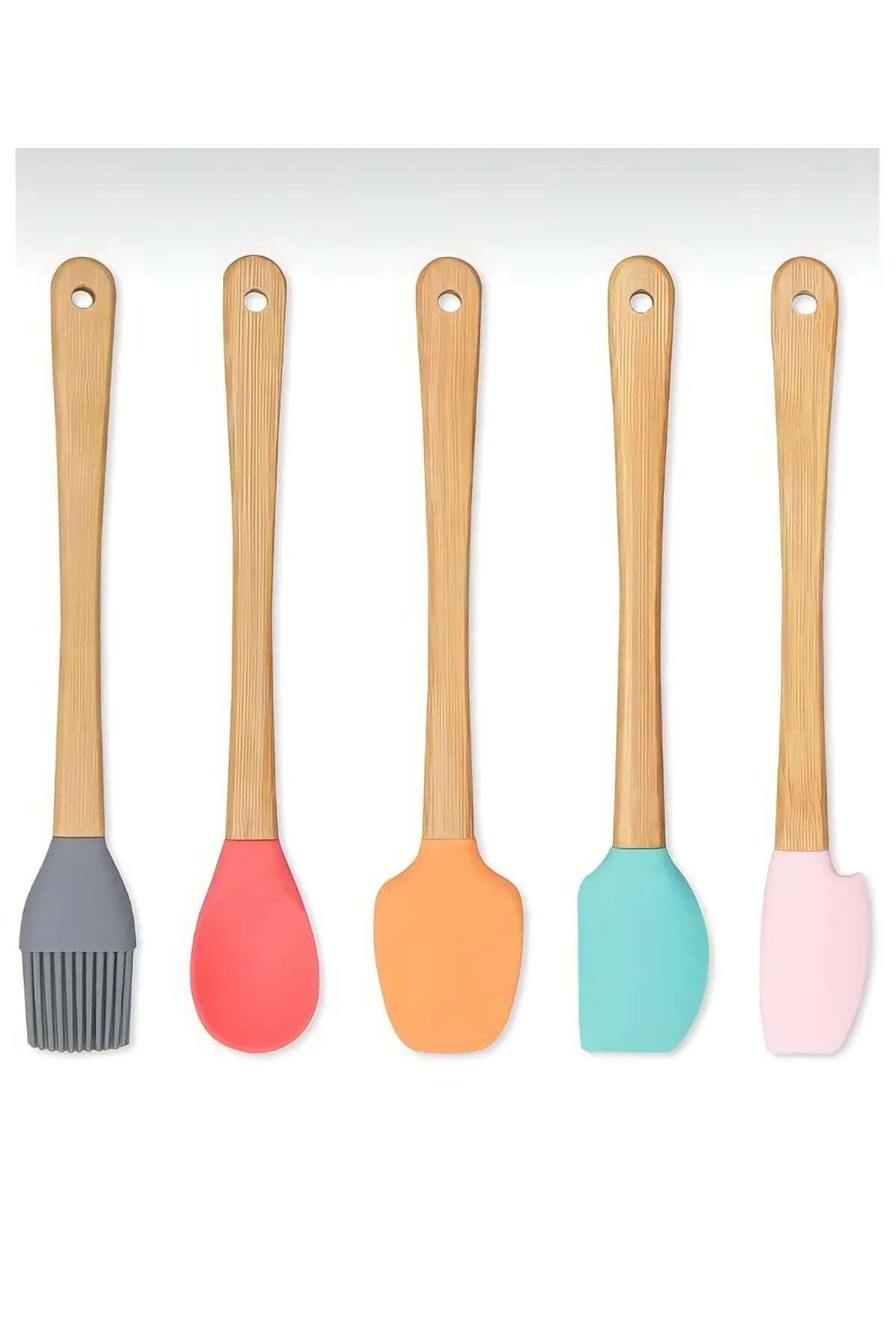 toptanperpa 5&#39;li Renkli Ahşap Saplı Silikon Uçlu Spatula Fırçalı Kaşık Seti -Yemek Hazırlık Seti 21 Cm