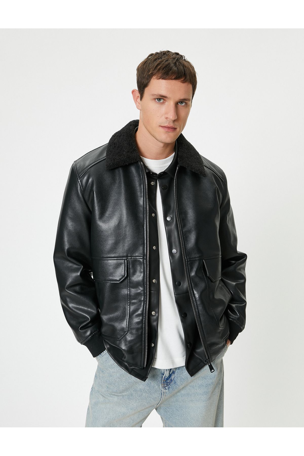Koton Kunstfell-lederjacke Mit Taschen, Schmale Passform für Herren - S