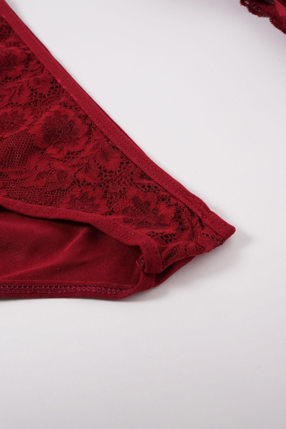 EMINNA-Set de lenjerie intima din dantelă dublă încrucișată Burgundy 2
