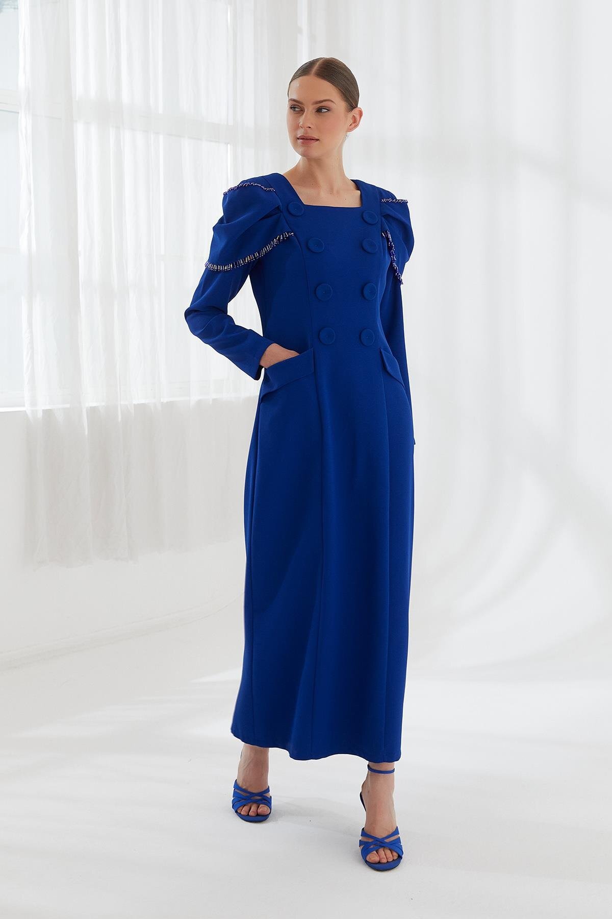 YAFA CLOTHING & ACCESSORIES Süs Düğmeli Elbise Saks Kadın Giyim