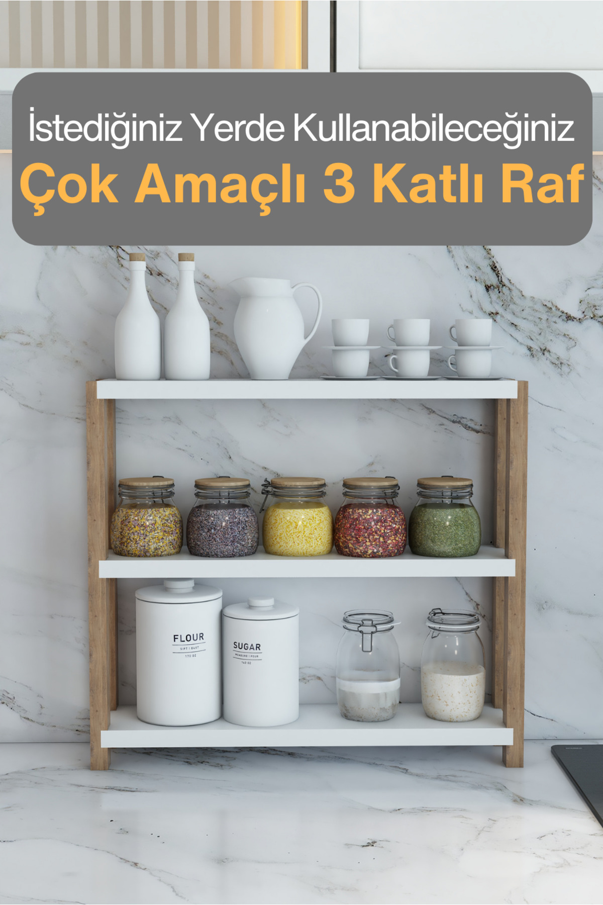Jest Dekor Konsept Simge Beyaz Çok Amaçlı 3 Katlı Ahşap Mutfak Rafı, Organizer, Banyo Rafı, Dekoratif Raf - Demonte