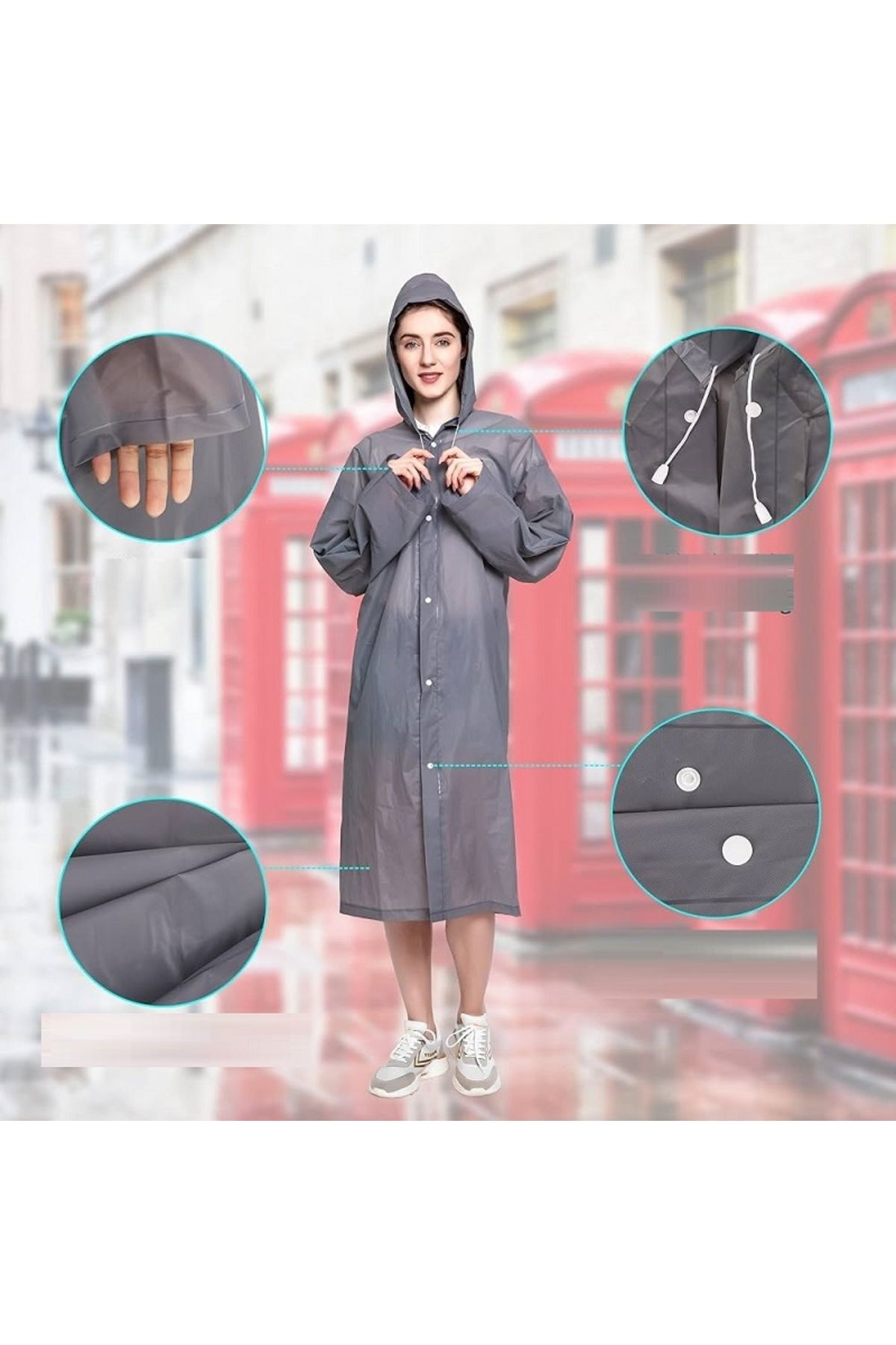 3 Adet 1.kalite Gri Yağmurluk Şapkalı Çıtçıtlı Yağmurluk Gri Outdoor Yağmurluk Vıp Unısex Raın Coat