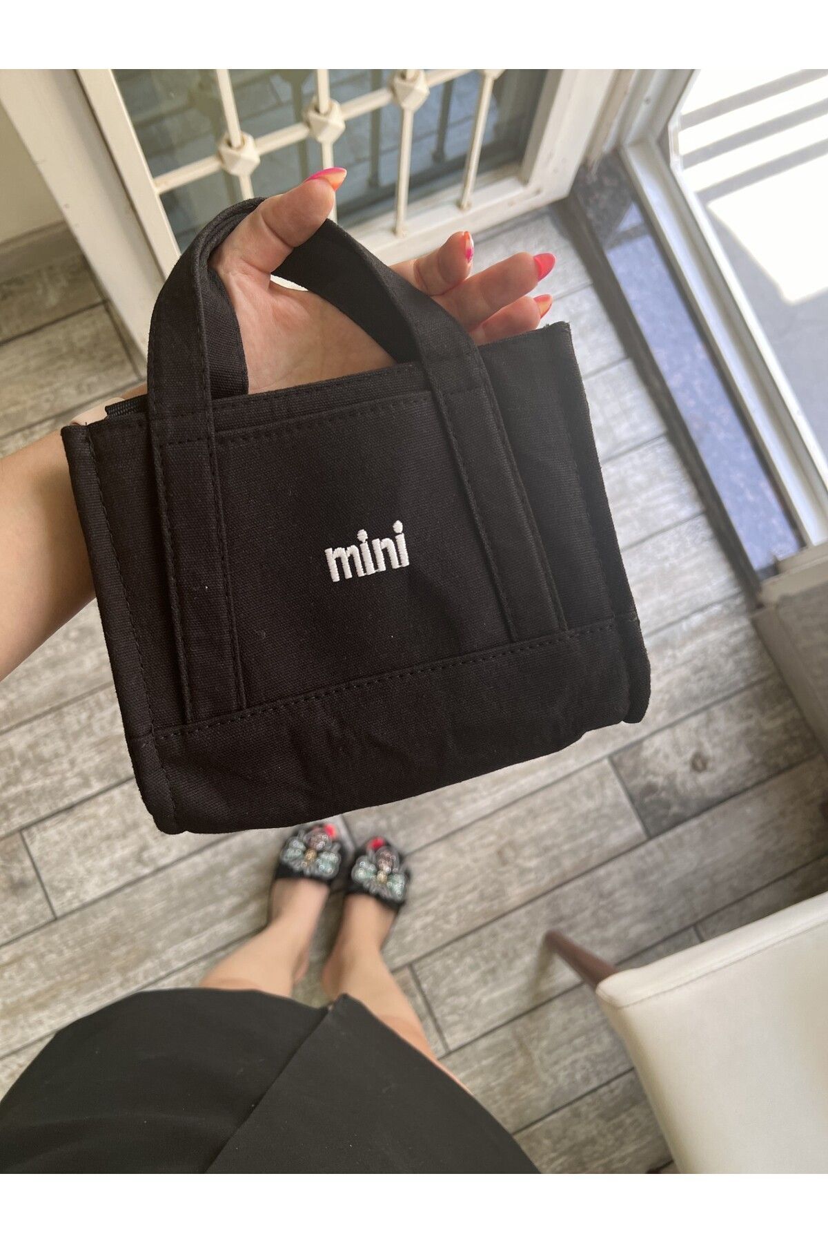gabies-Black Mini Canvas Bag - Adjustable Strap, Text Printed, Hand and Shoulder Carrying Option 2