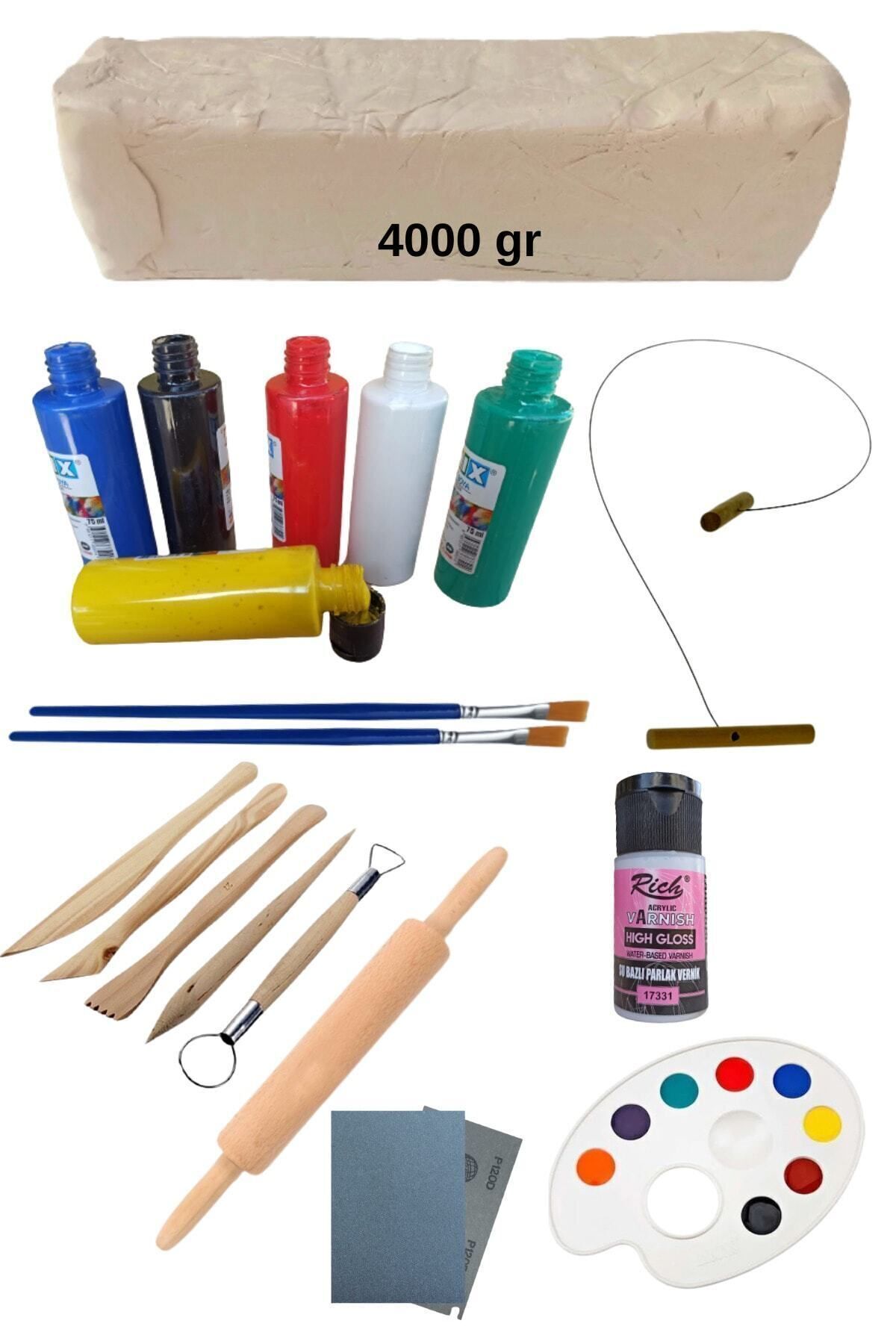 Seramik Hamuru Başlangıç Seti, 4000gr Kil Çamuru, Ebeşuar, Seramik Çamur Kesme Teli, Oyun Hamuru