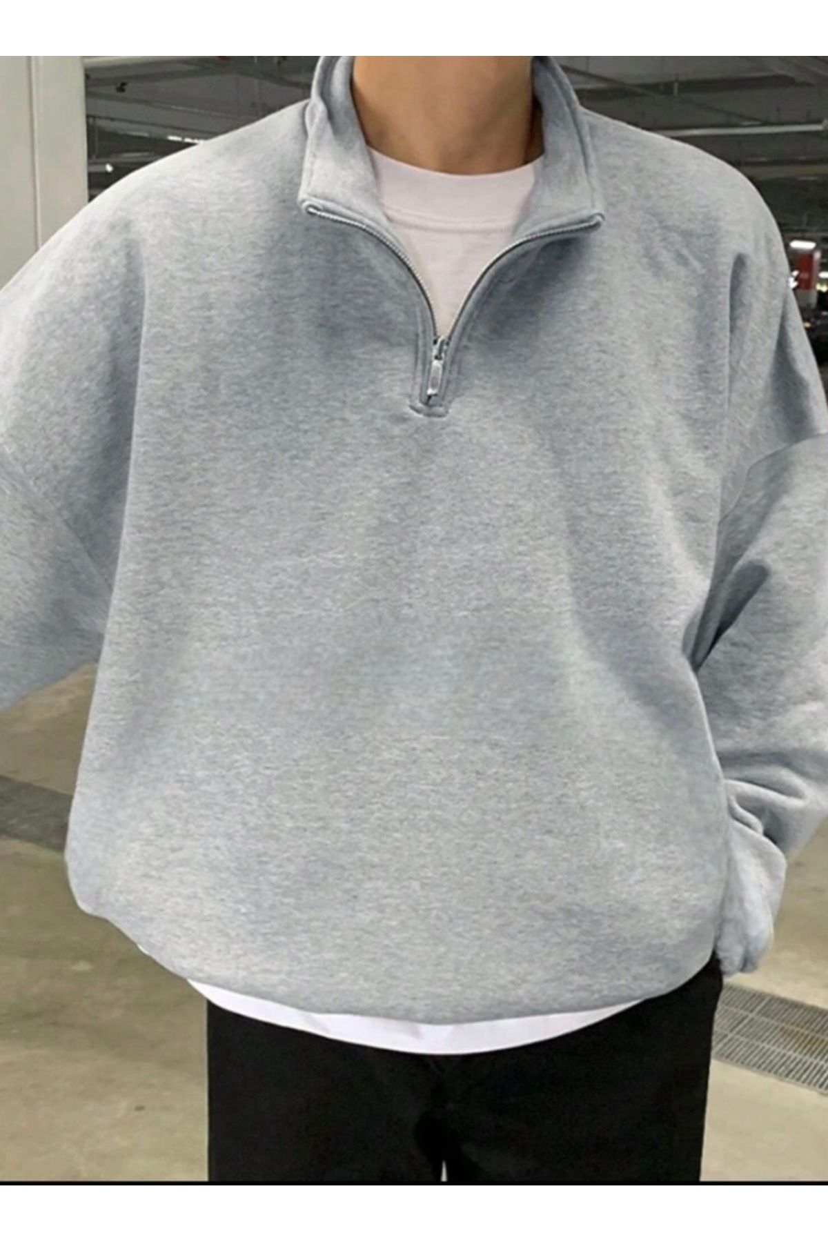 grey stand collar half zip plain pullover sweatshirt