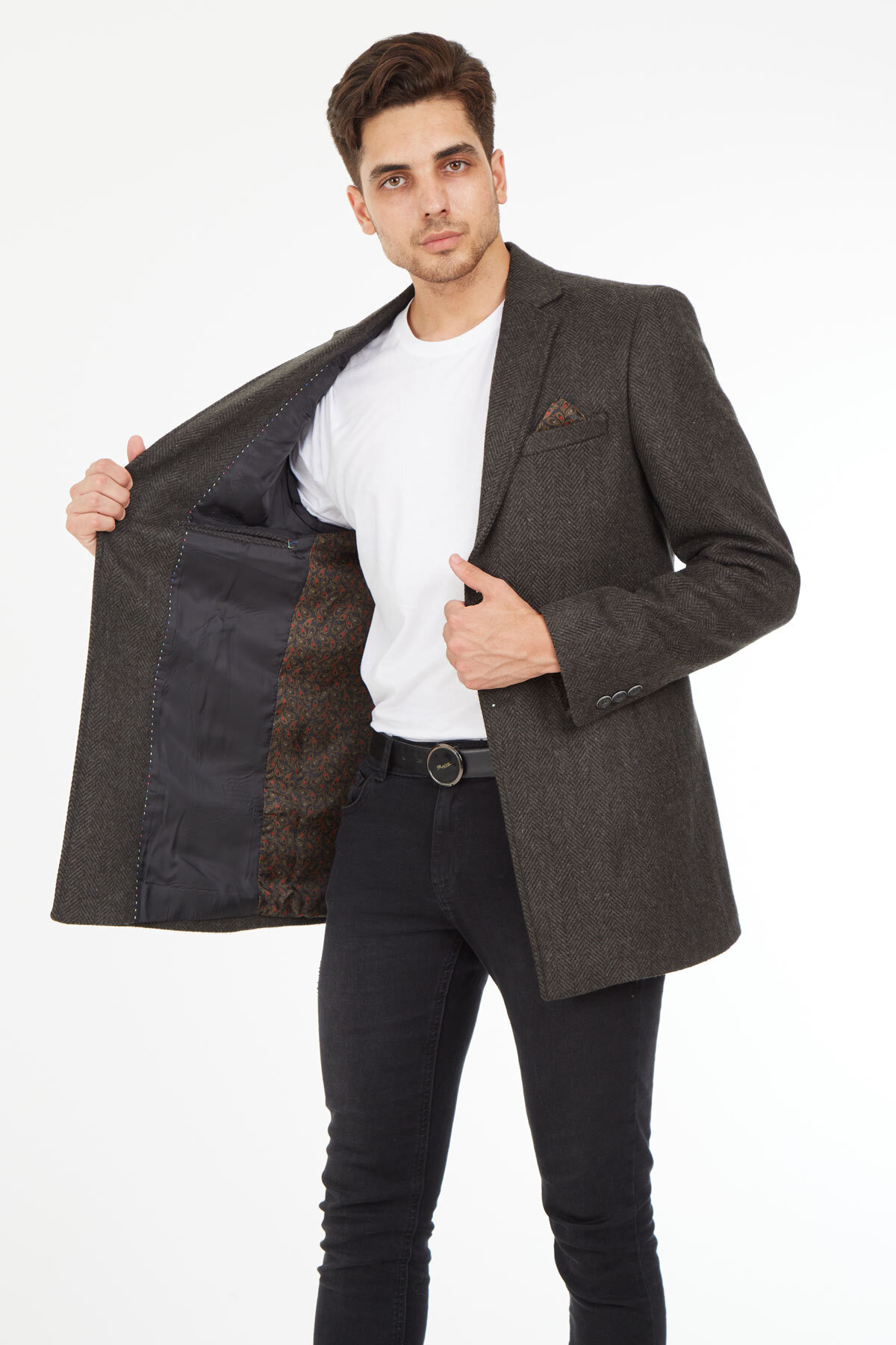 SPOSO  Slim Fit Ceket Yaka Balıksırtı Kısa Palto - Görsel 3