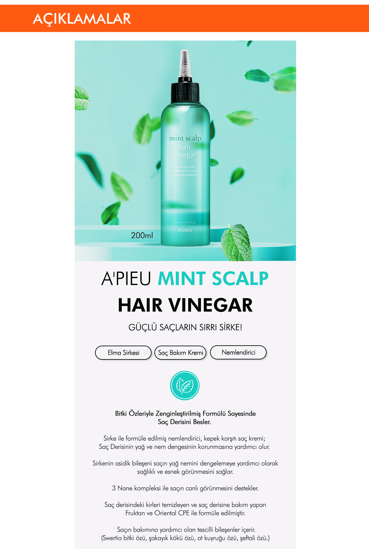 Nane Kompleksi İçeren Kepek Karşıtı  Saç Sirkesi 200ml Mint Scalp Hair Vinegar — 6027 — تصویر 3 از 7