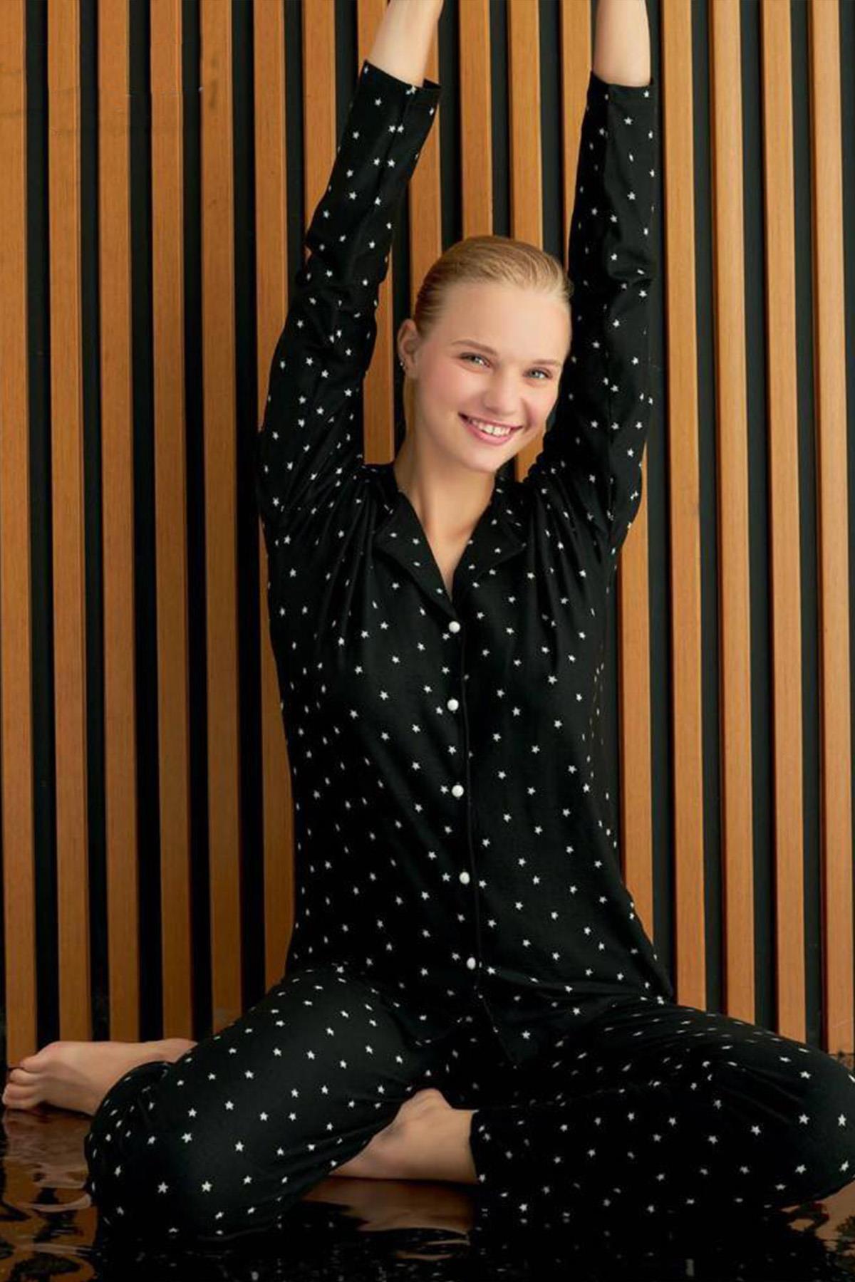 Women's Button Front Suede Black Pajamas SetC5T6N6O0-11