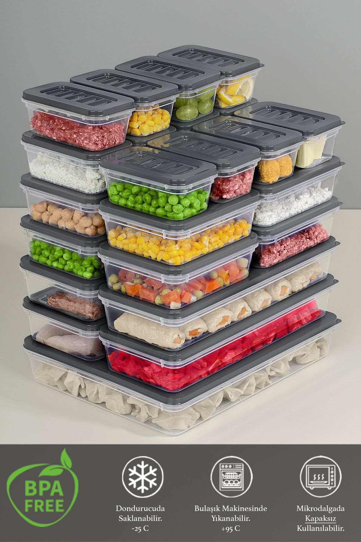 Meleni Home-25 Pieces Anthracite Microwave Compatible Organizer -1X2400Ml 4X1170Ml 8X600Ml 12X240Ml Storage Container 3