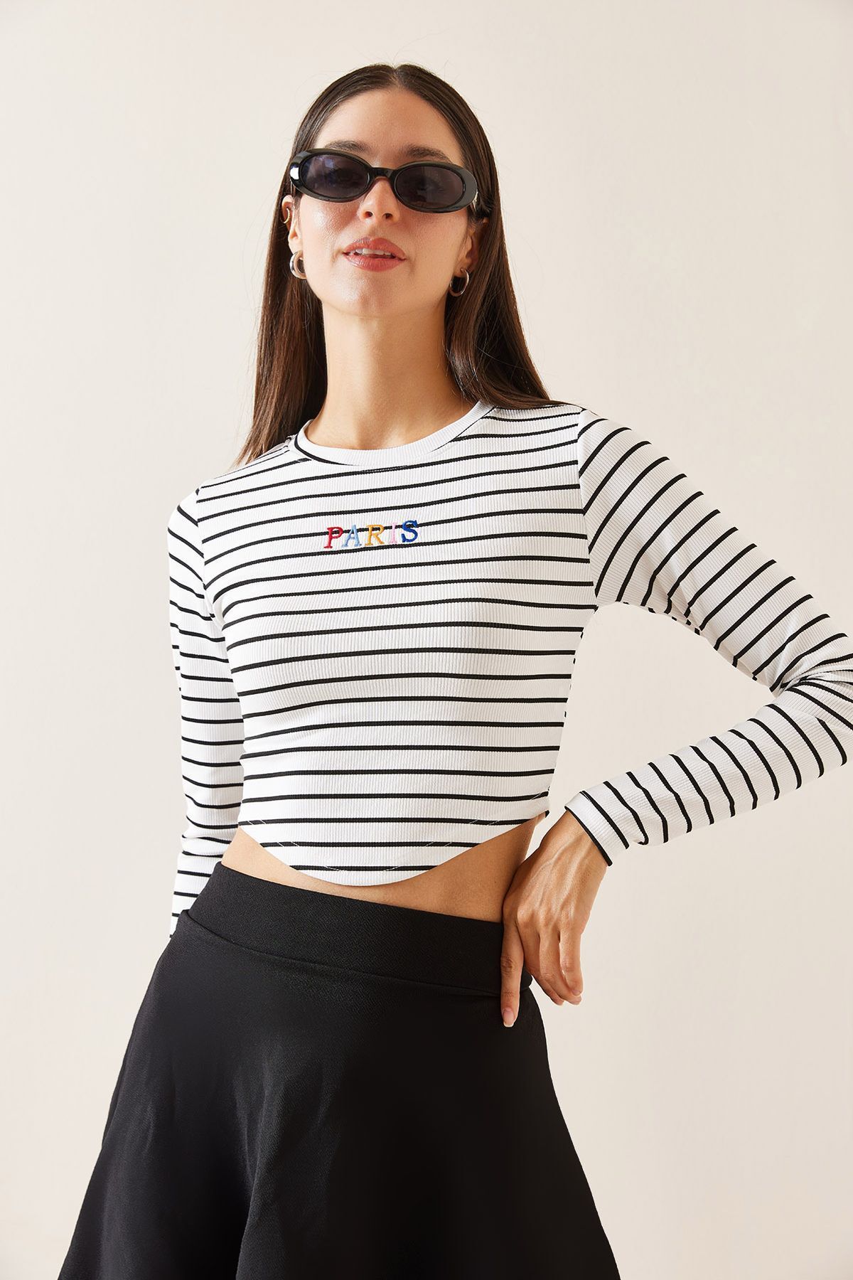 XHAN-White Crew Neck Striped Crop Blouse 5Yxk2-48930-01 2