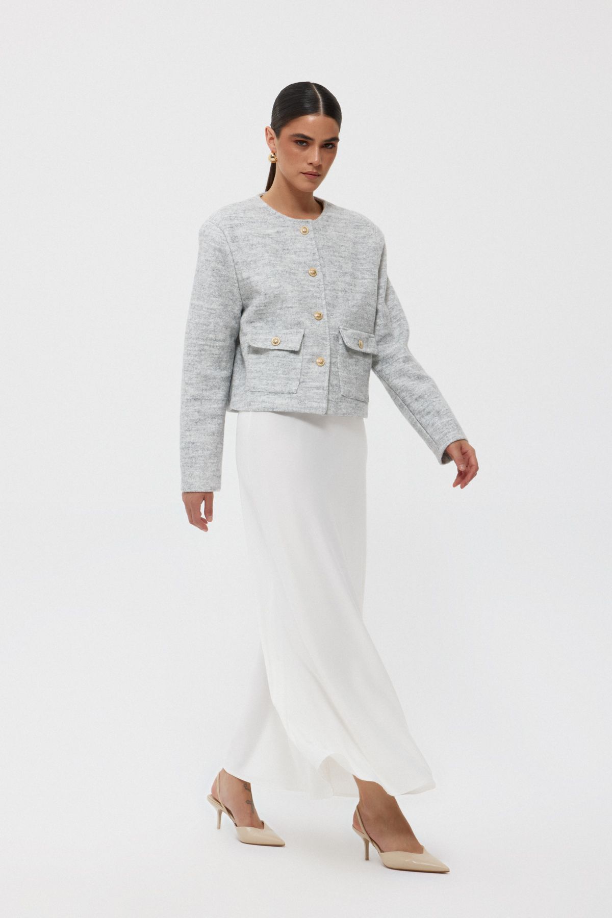 Seda Yalçın Atelier-Elastic Waist White Bell Satin Skirt 3