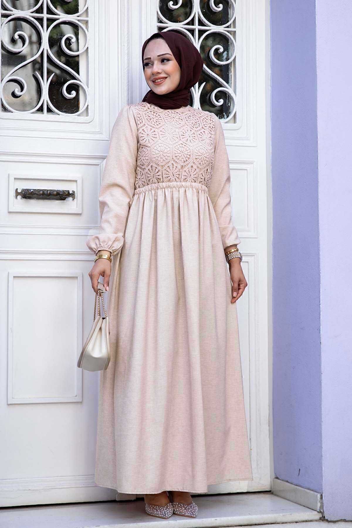 Illyria Zeytin Dantelli Transparan Maxi Elbise
