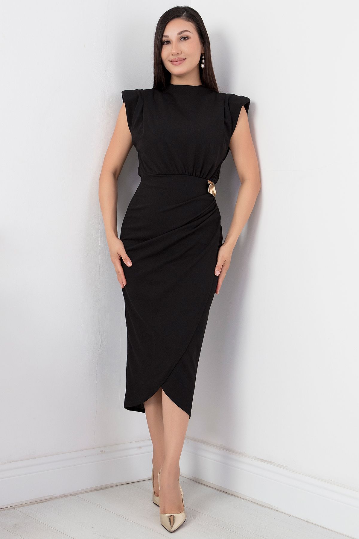 PULLIMM-Rochie cu guler vertical cu cataramă în talie NY4409 6