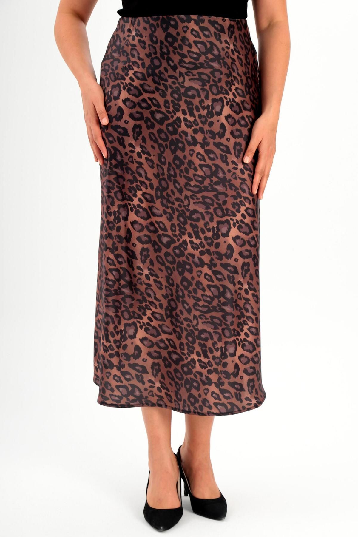 Metpoint-Trend42Plus Plus Size Leopard Patterned Brown Skirt with Elastic Waist 4