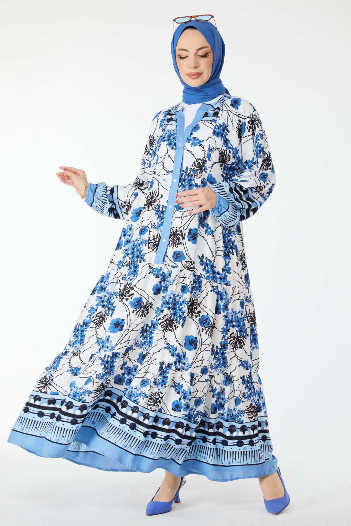 TOFİSA-Blaues gemustertes zweireihiges Damenkleid mit V-Ausschnitt - 24451 5