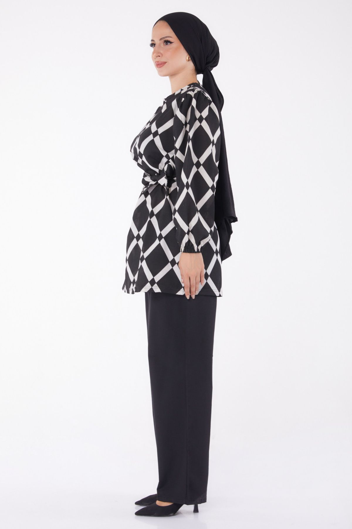 TOFİSA-Ecru Patterned Women's Double Suit - Plain Crew Neck - 13245 4