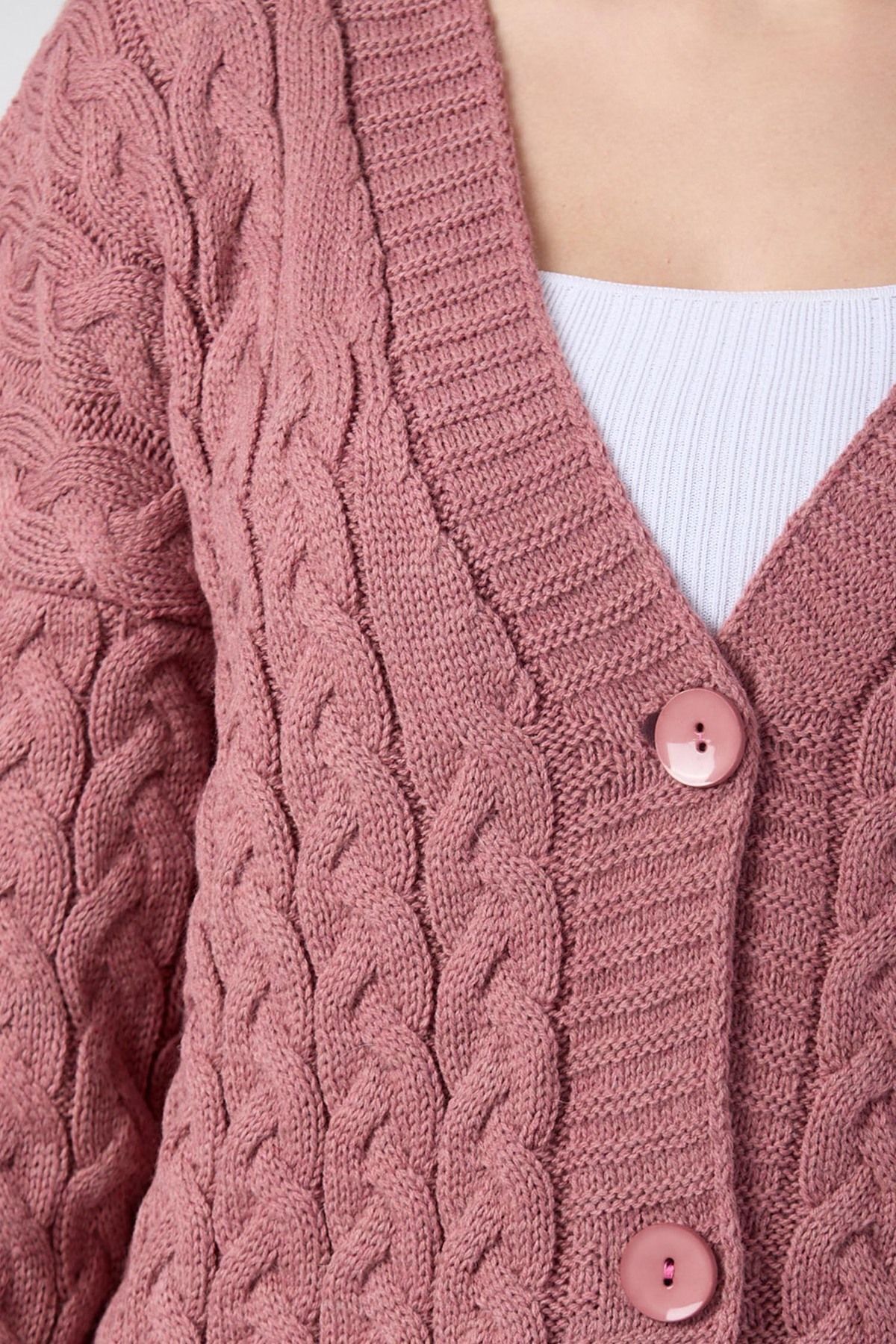 TOFİSA-Pink Knitwear Women's Cardigan - Plain Jacket Collar - 24033 7