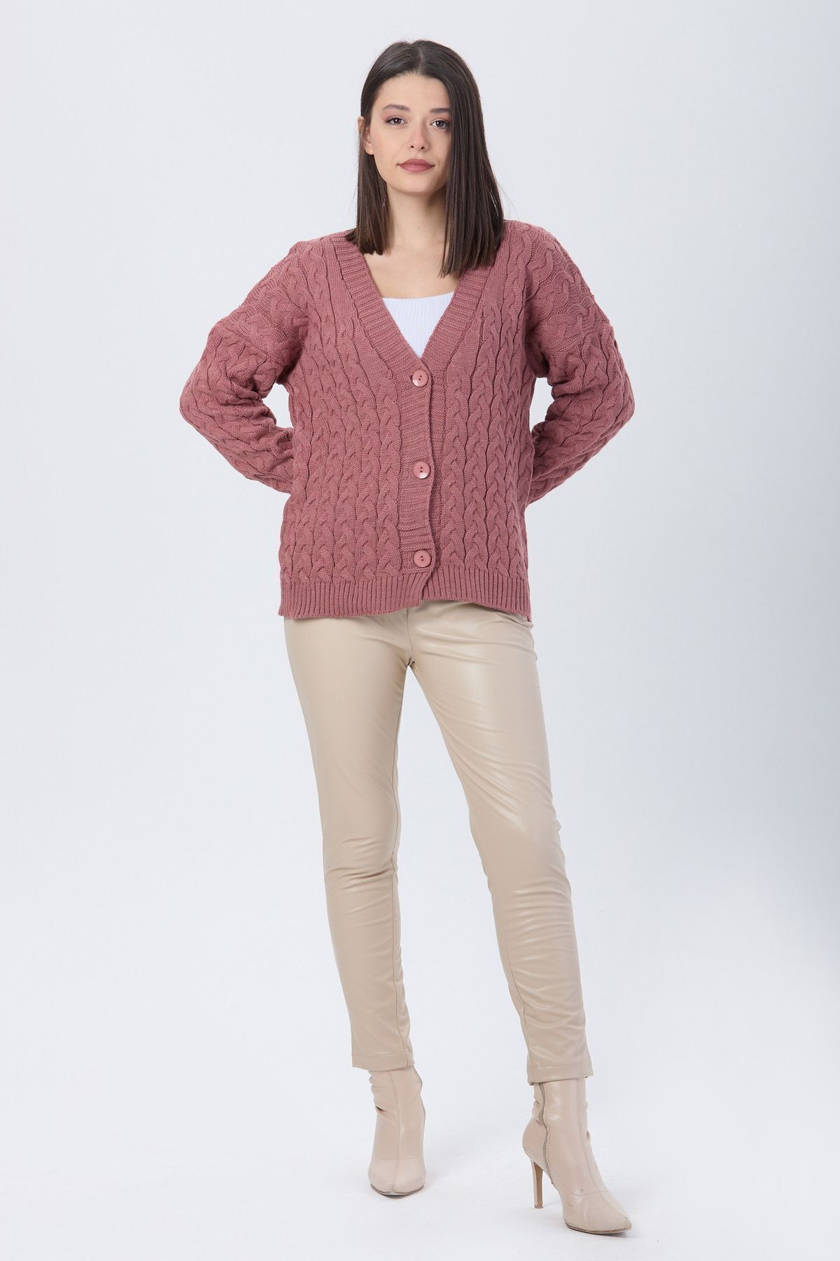 TOFİSA-Pink Knitwear Women's Cardigan - Plain Jacket Collar - 24033 1