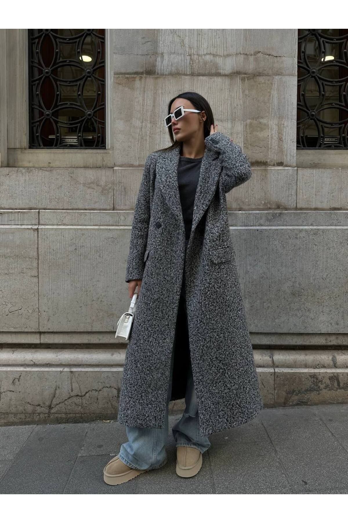 My Blog-Anthracite Single Button Long Boucle Coat-54440 4