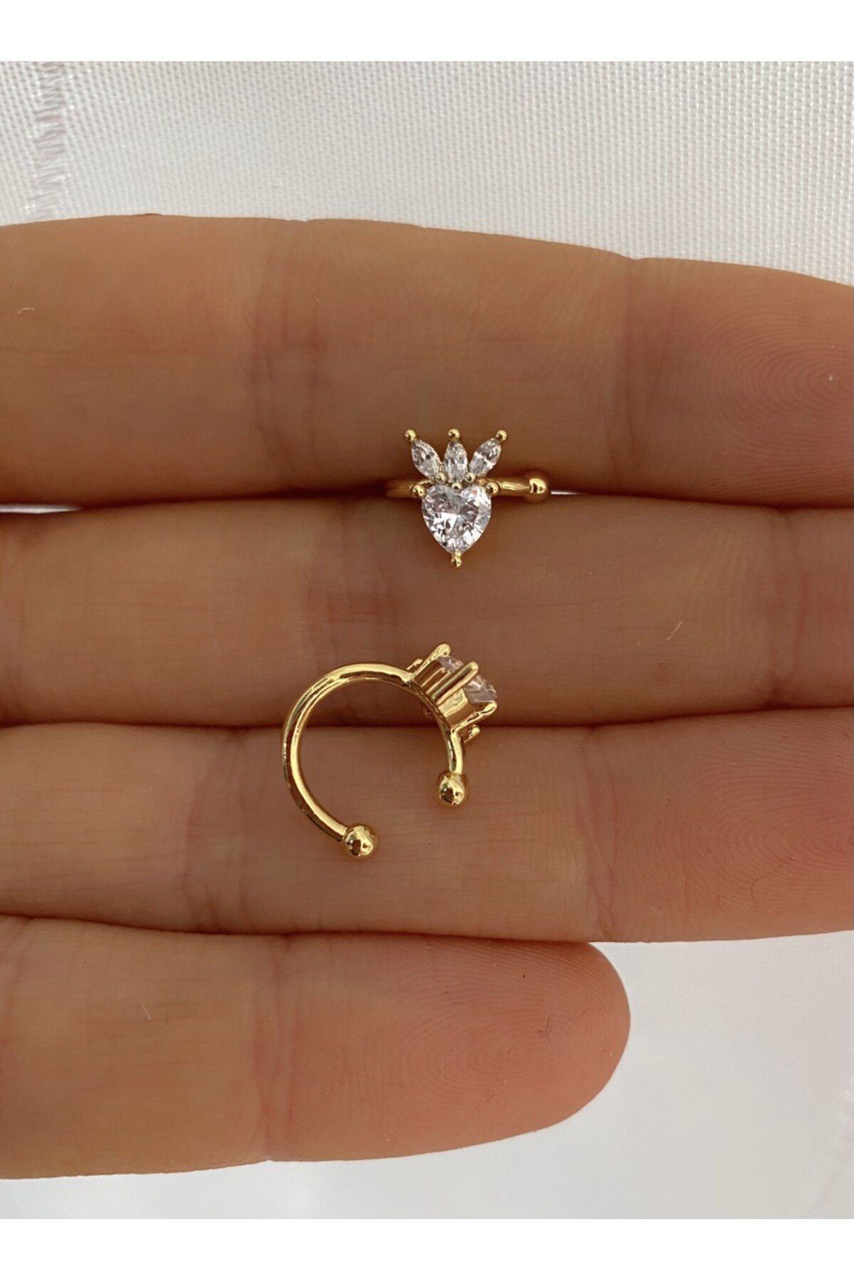 kararmaz ZİRKON TAŞLI kalp earcuff sıkıştırmalı kıkırdak conch orbital delik gerektirmeyen küpe