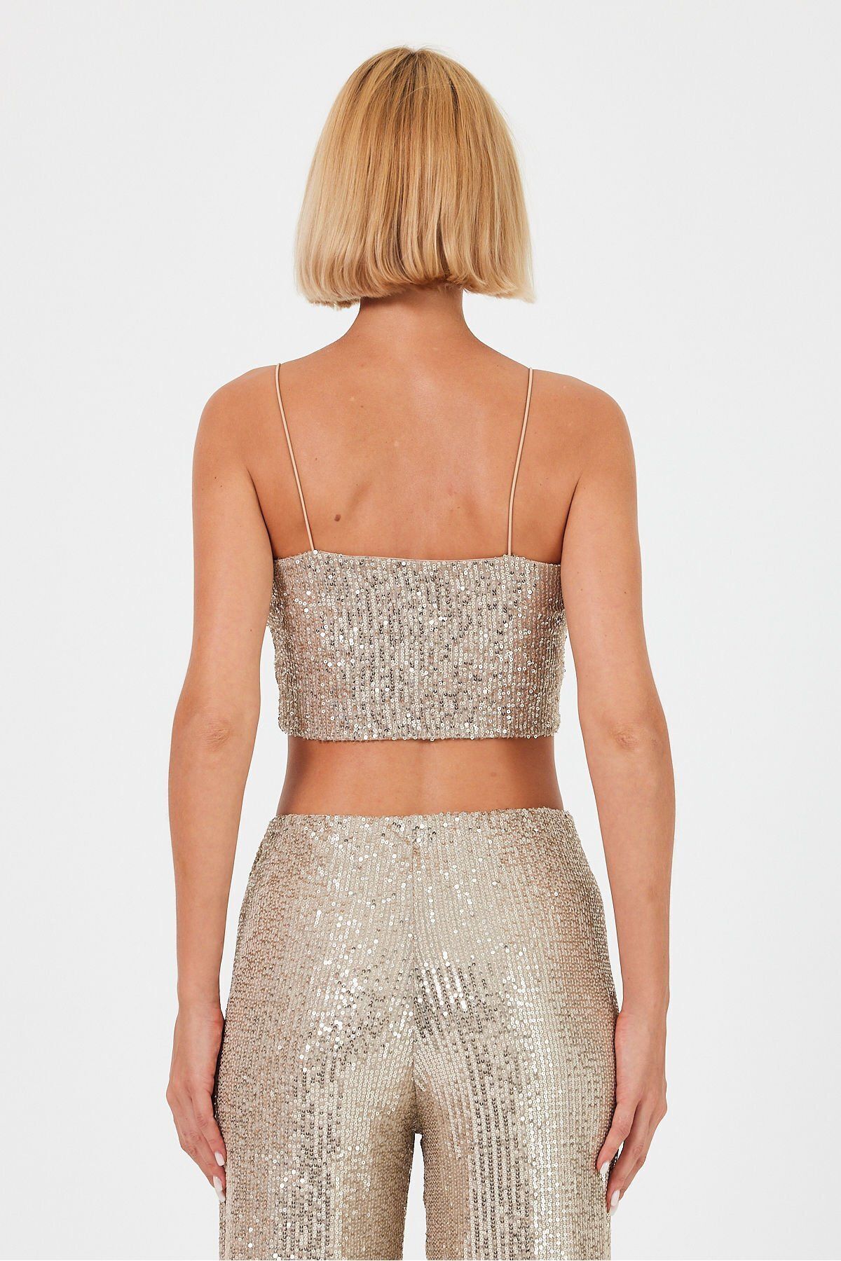 soBasic-Sequin Crop Bustier with Rope Strap - Flexible and Lined, Fitted, Gold 6