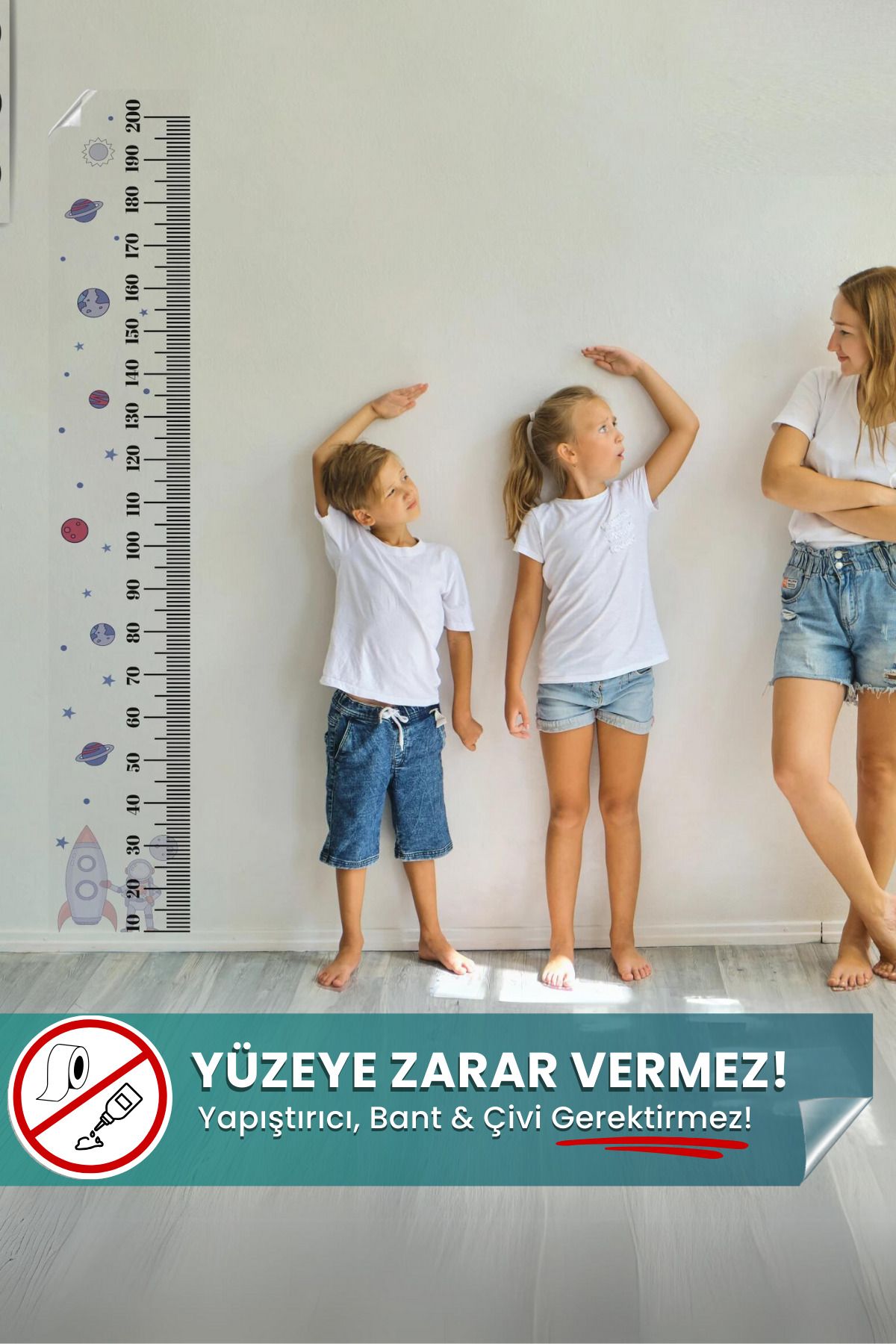 Galaksi Temalı Boy Cetveli - Duvarda Iz Bırakmayan Akıllı Kağıt Sticker, 200 Cm Boy Ölçer