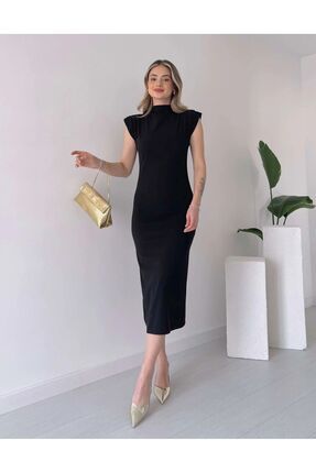 GDS BUTİK Omuzu Vatkalı Krep Kumaş Yırtmaçlı Elbise